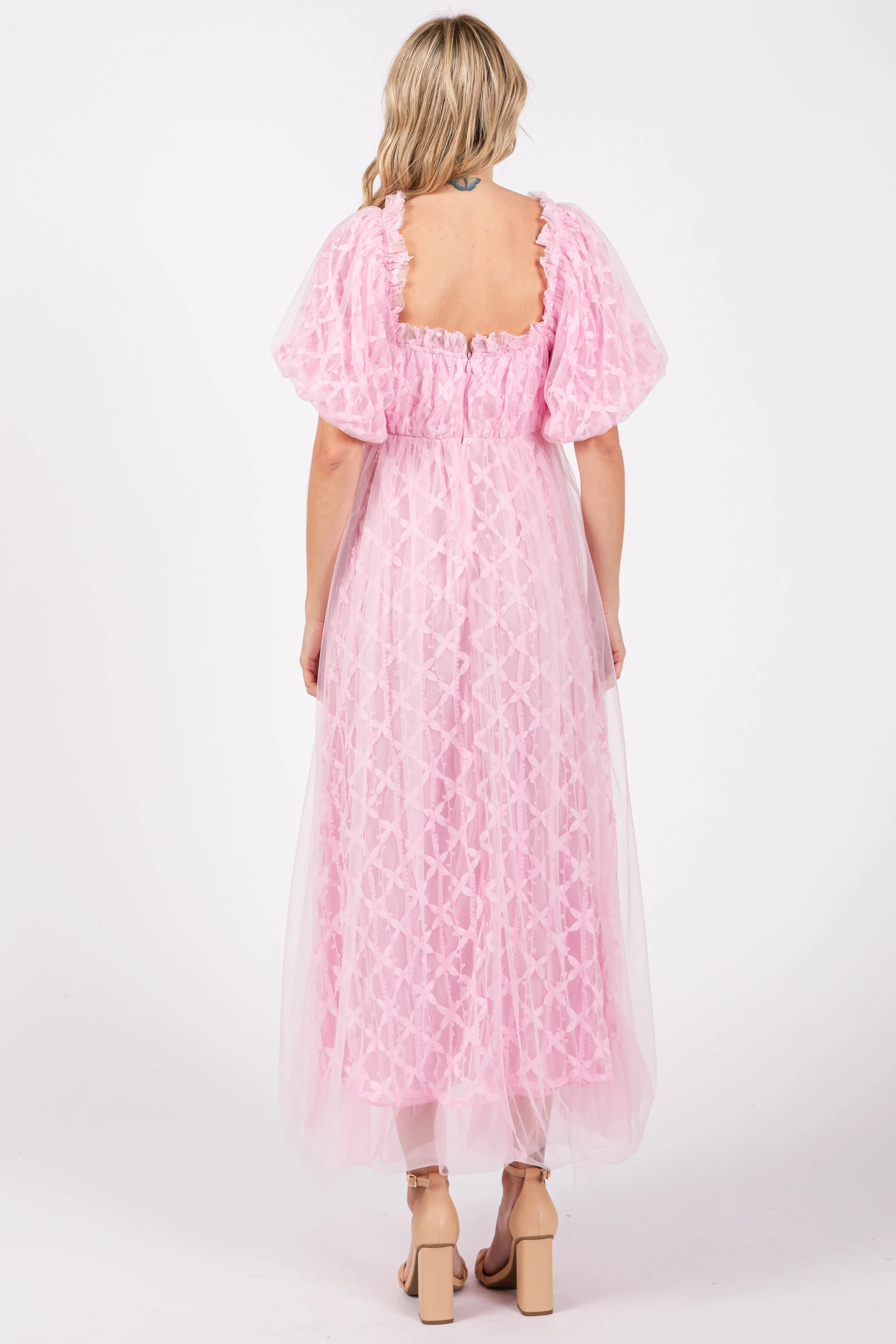 Pink Balloon Sleeve Embroidery Mesh Midi Dress sold by Pinkblush product image thumbnail 3