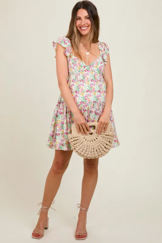 Cream Floral Tiered Maternity Mini Dress sold by Pinkblush