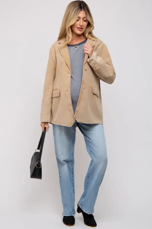 Beige Denim Front Pocket Maternity Blazer sold by Pinkblush