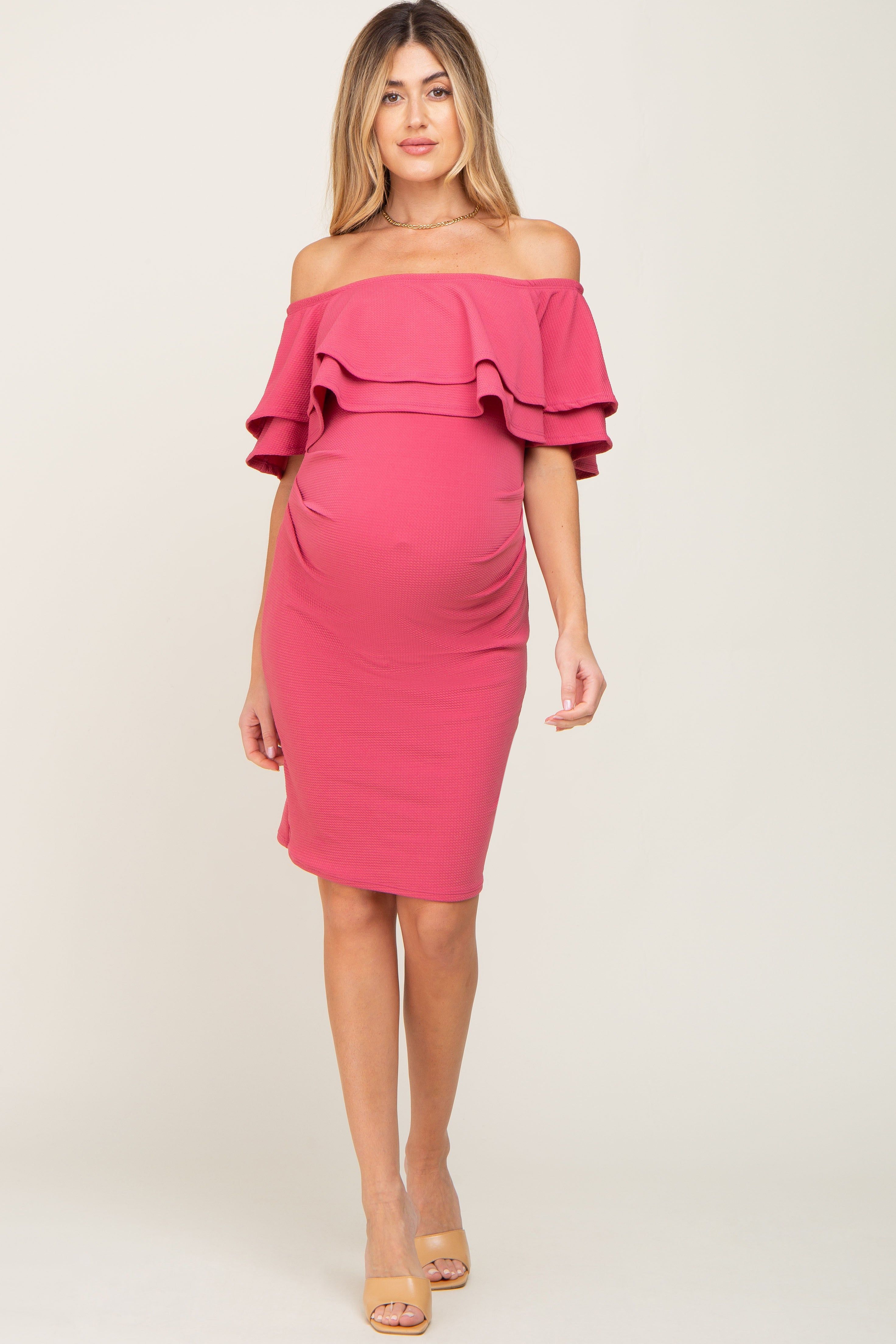 Magenta Off Shoulder Fitted Maternity Dress sold by Pinkblush product image thumbnail 4