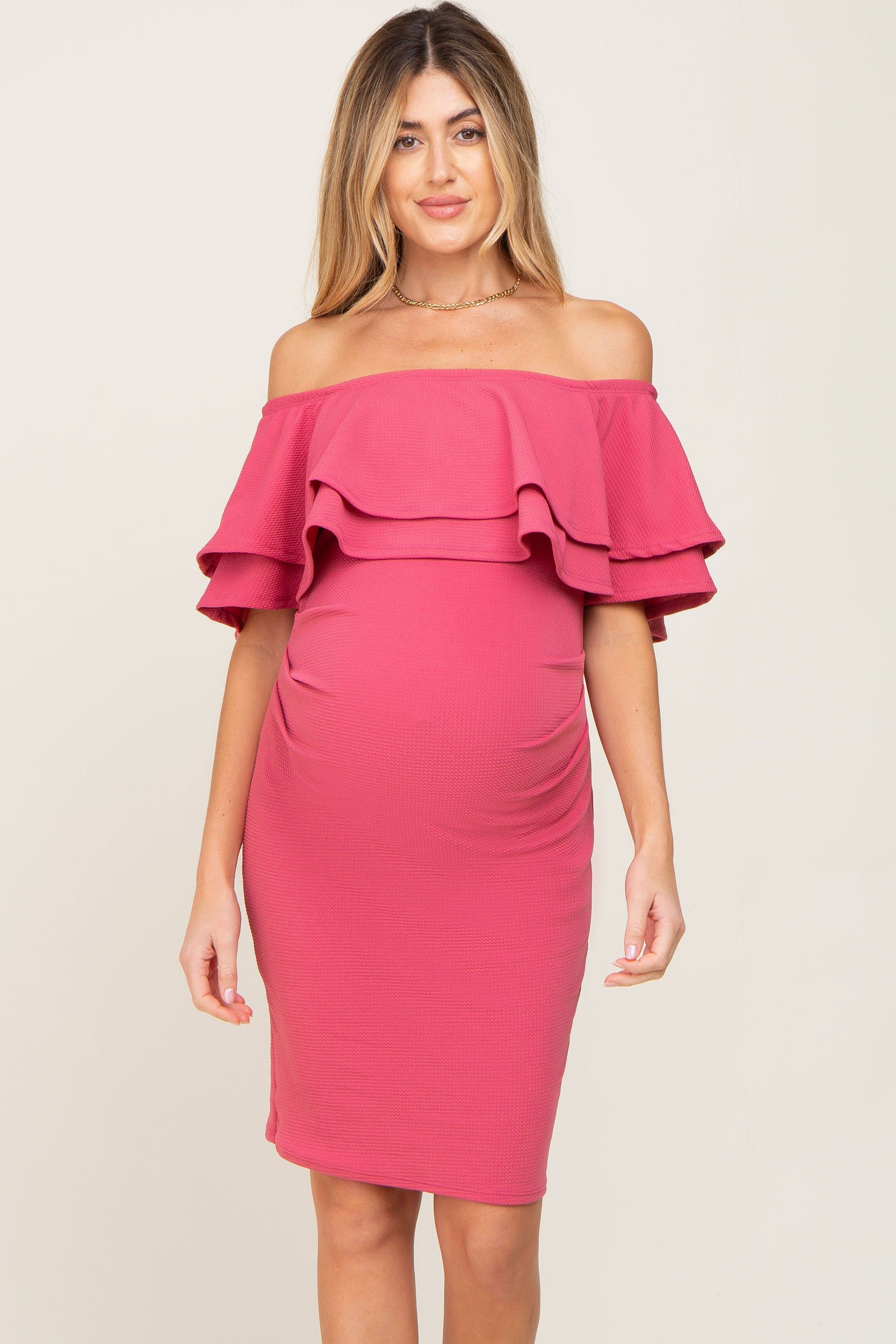 Magenta Off Shoulder Fitted Maternity Dress sold by Pinkblush