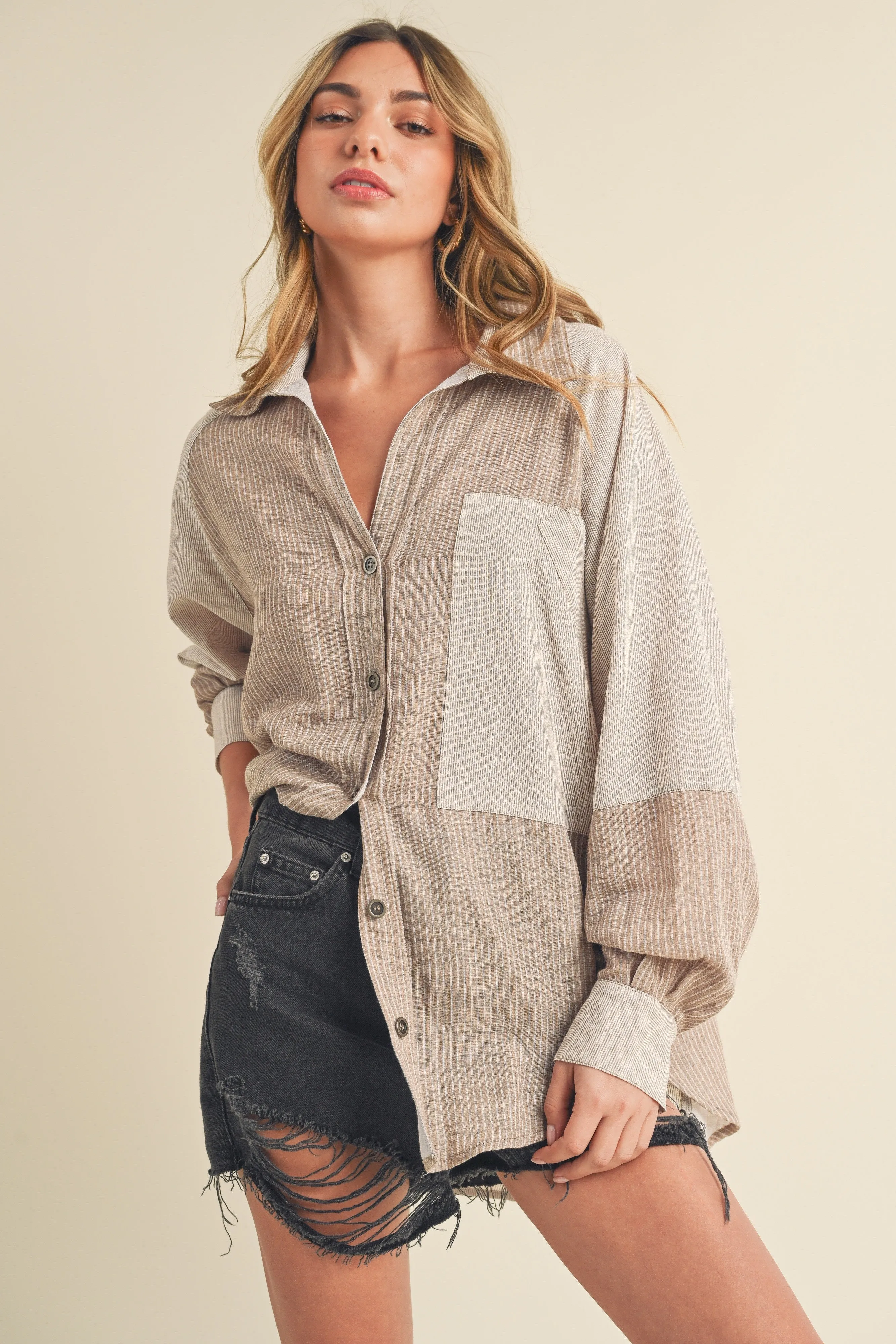 Beige Striped Colorblock Button Up Top sold by Pinkblush product image thumbnail 2