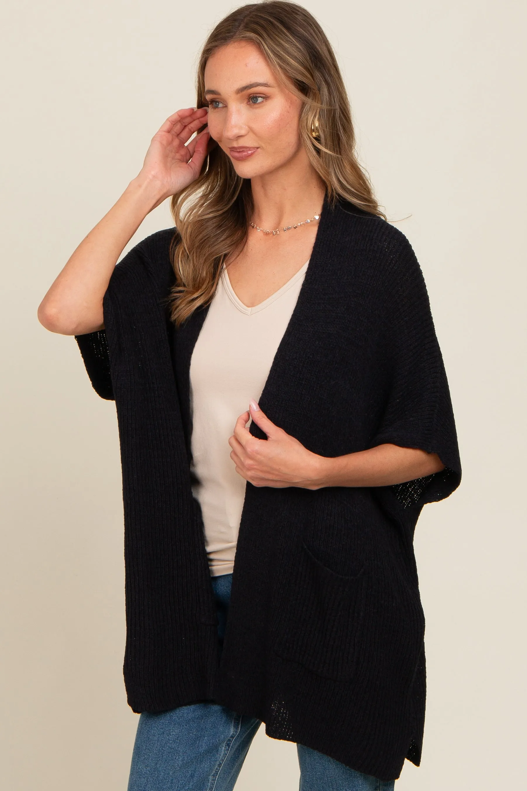 Black Drop Shoulder Side Pocket 3/4 Sleeve Cardigan sold by Pinkblush product image thumbnail 2