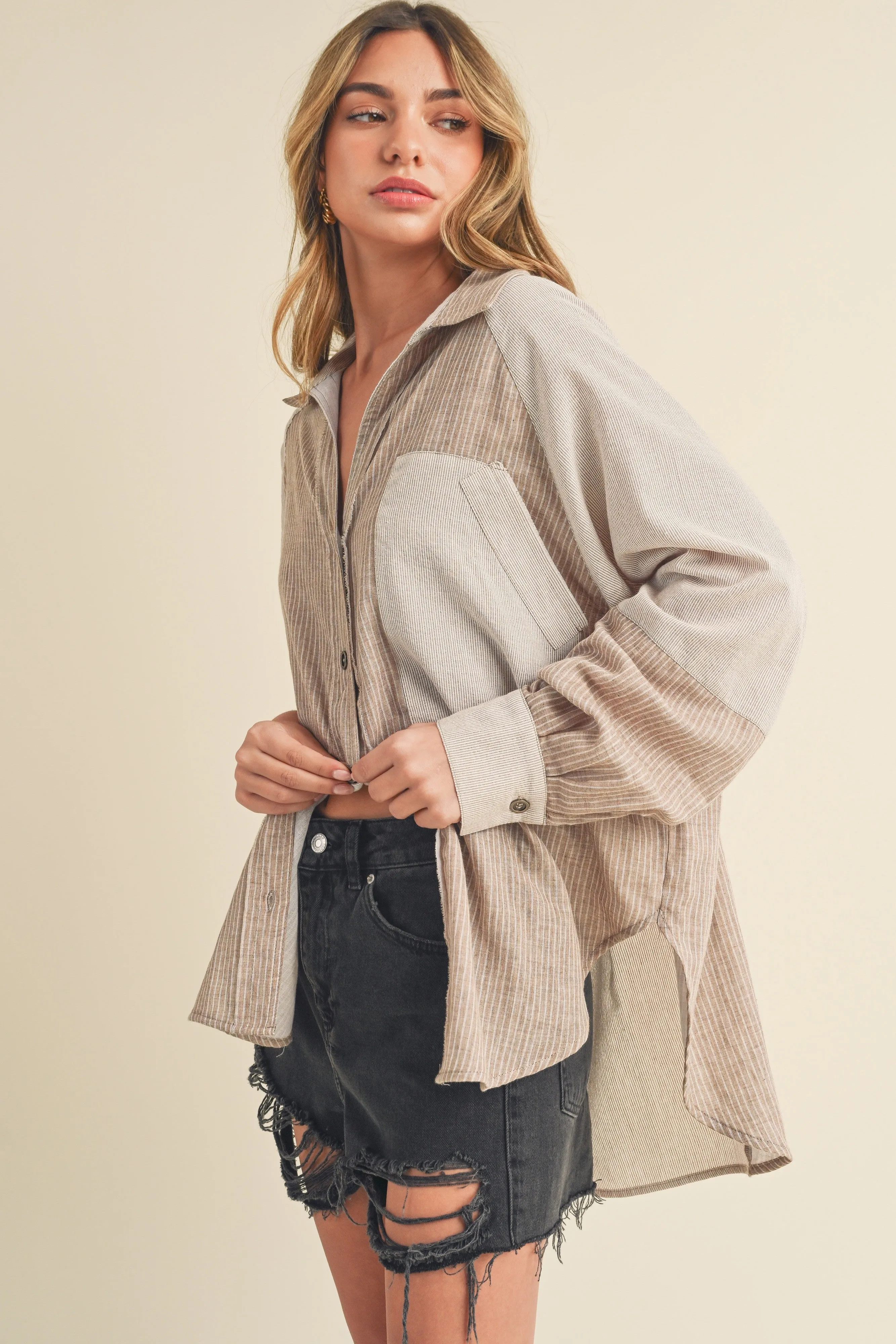 Beige Striped Colorblock Button Up Top sold by Pinkblush product image thumbnail 3