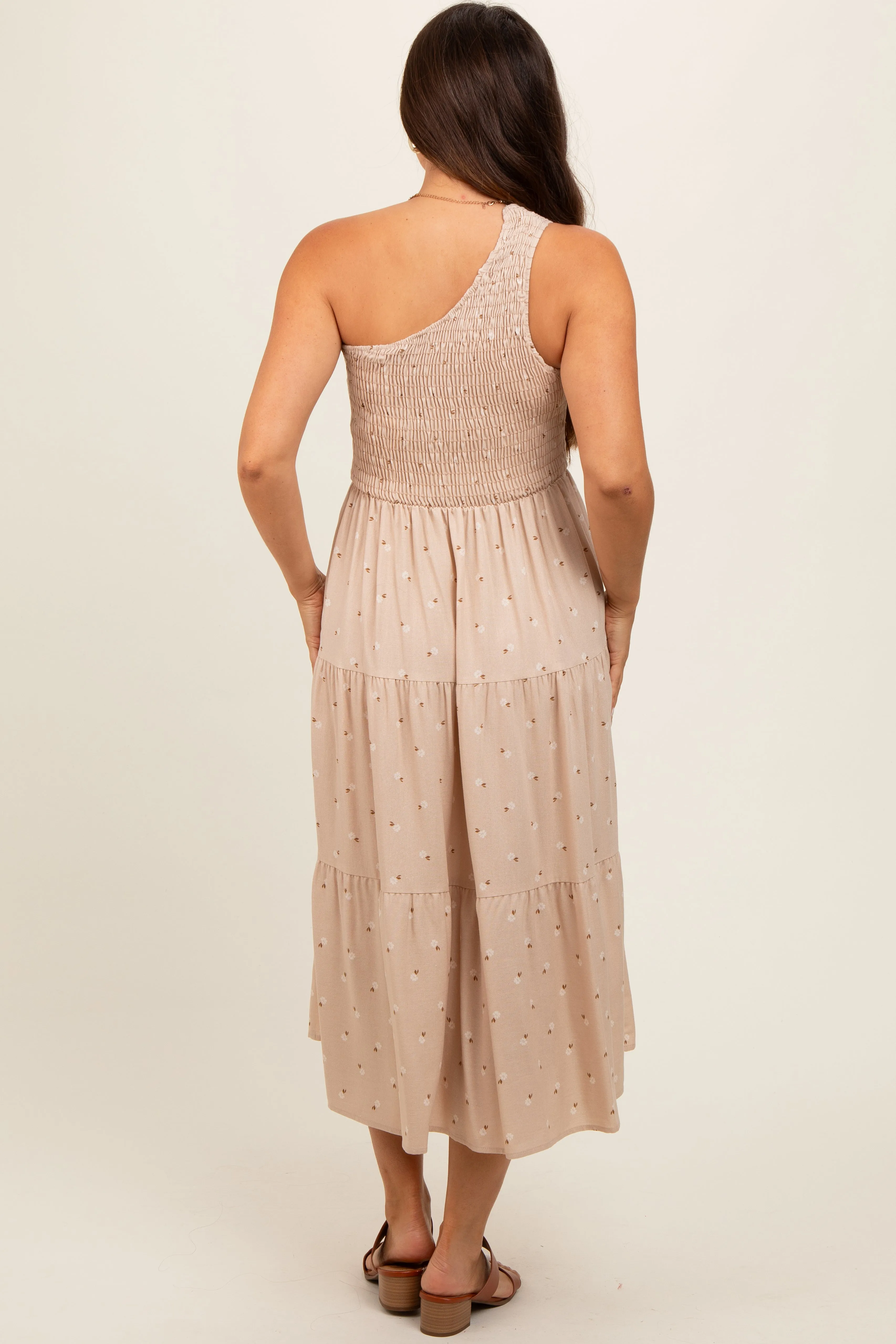 Beige Floral Linen Smocked One Shoulder Tiered Maternity Midi Dress sold by Pinkblush product image thumbnail 4