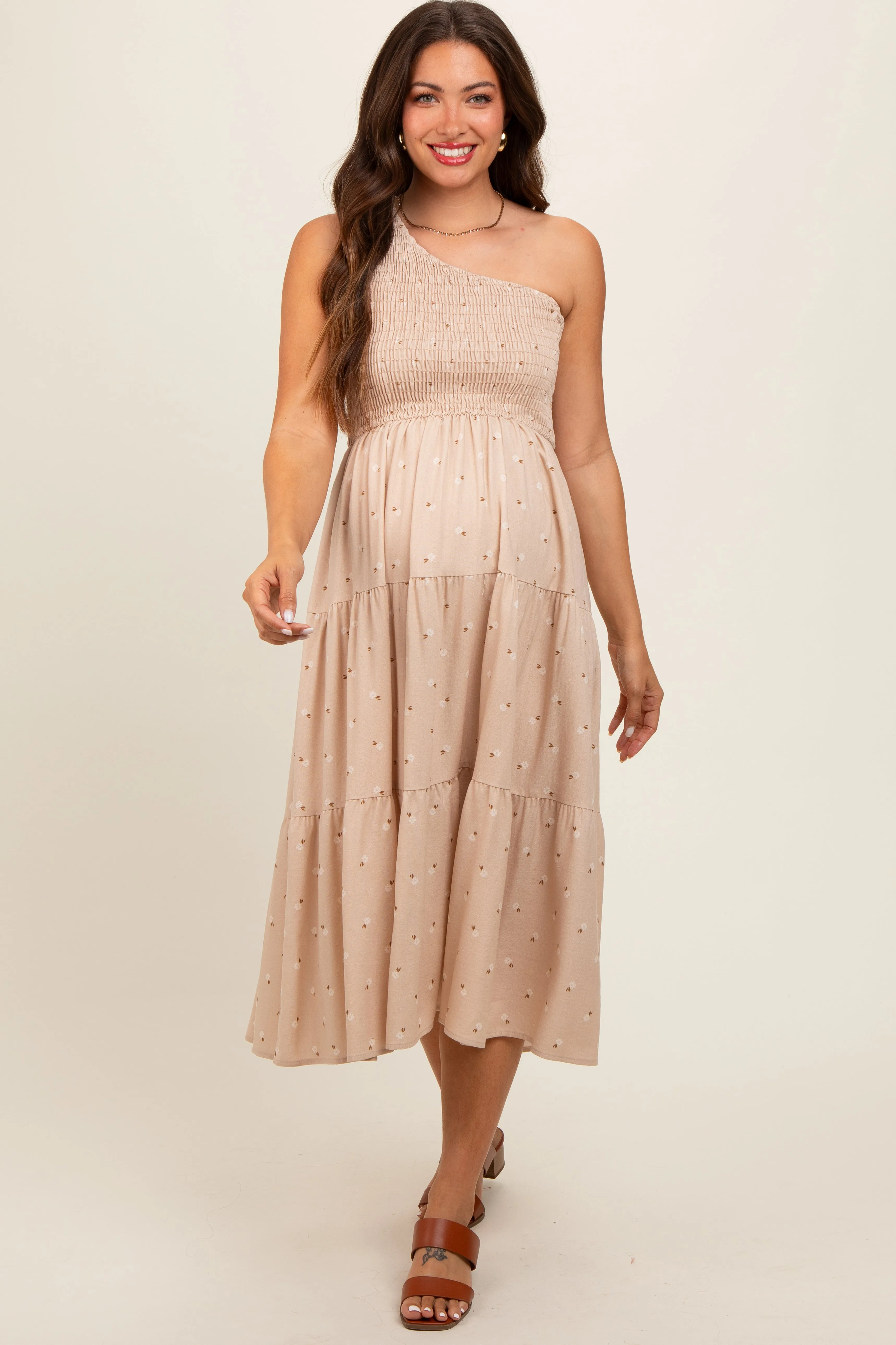 Beige Floral Linen Smocked One Shoulder Tiered Maternity Midi Dress sold by Pinkblush
