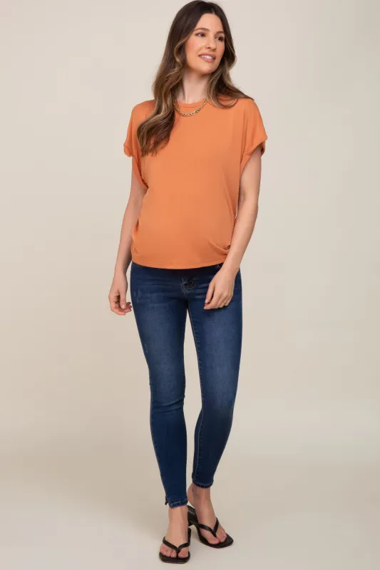 Rust Crew Neck Cuffed Short Sleeve Maternity Top sold by Pinkblush