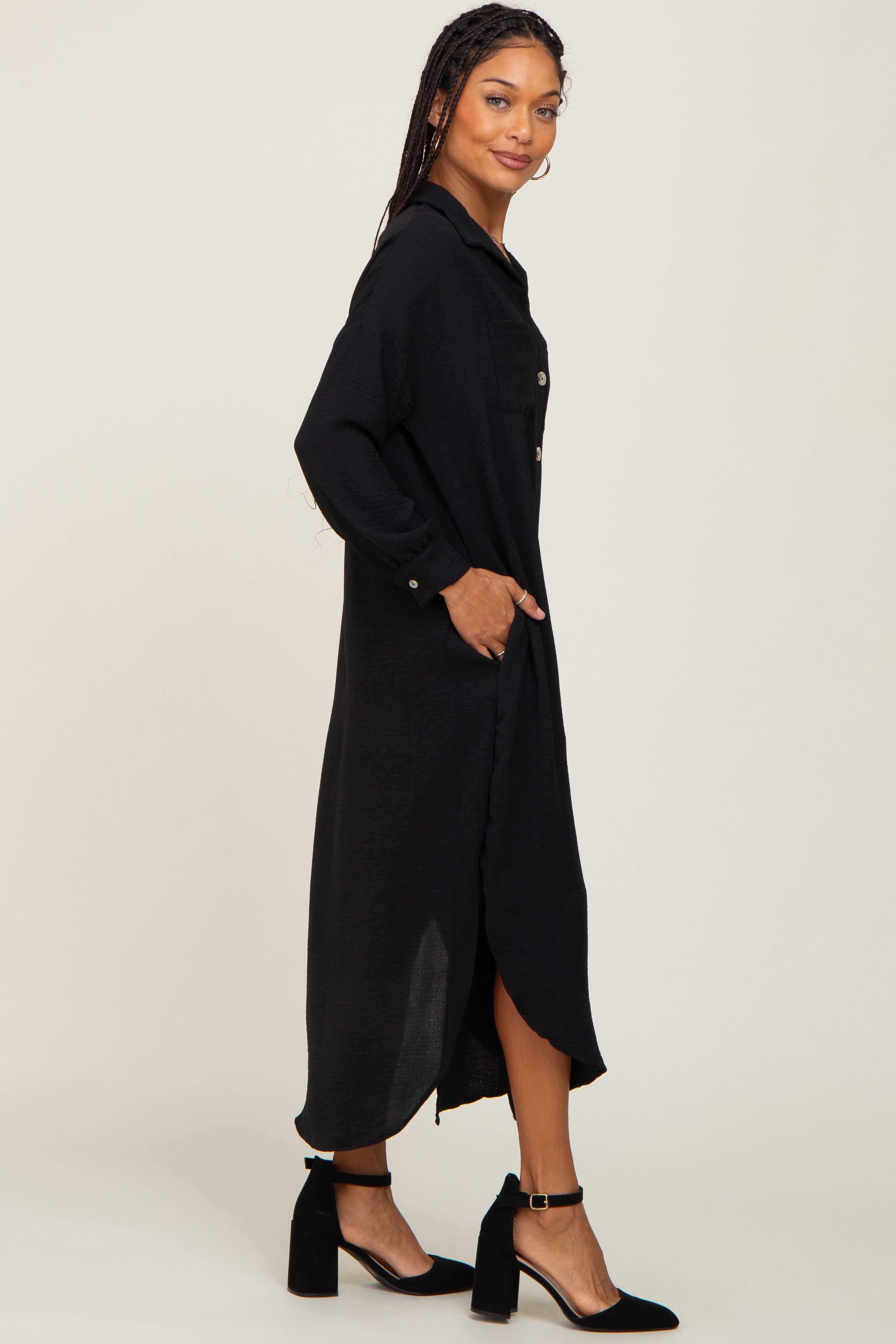 Black Button Down Front Pocket Midi Dress sold by Pinkblush product image thumbnail 2