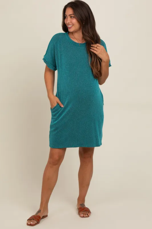 Teal Ribbed Rolled Cuff Maternity Dress sold by Pinkblush