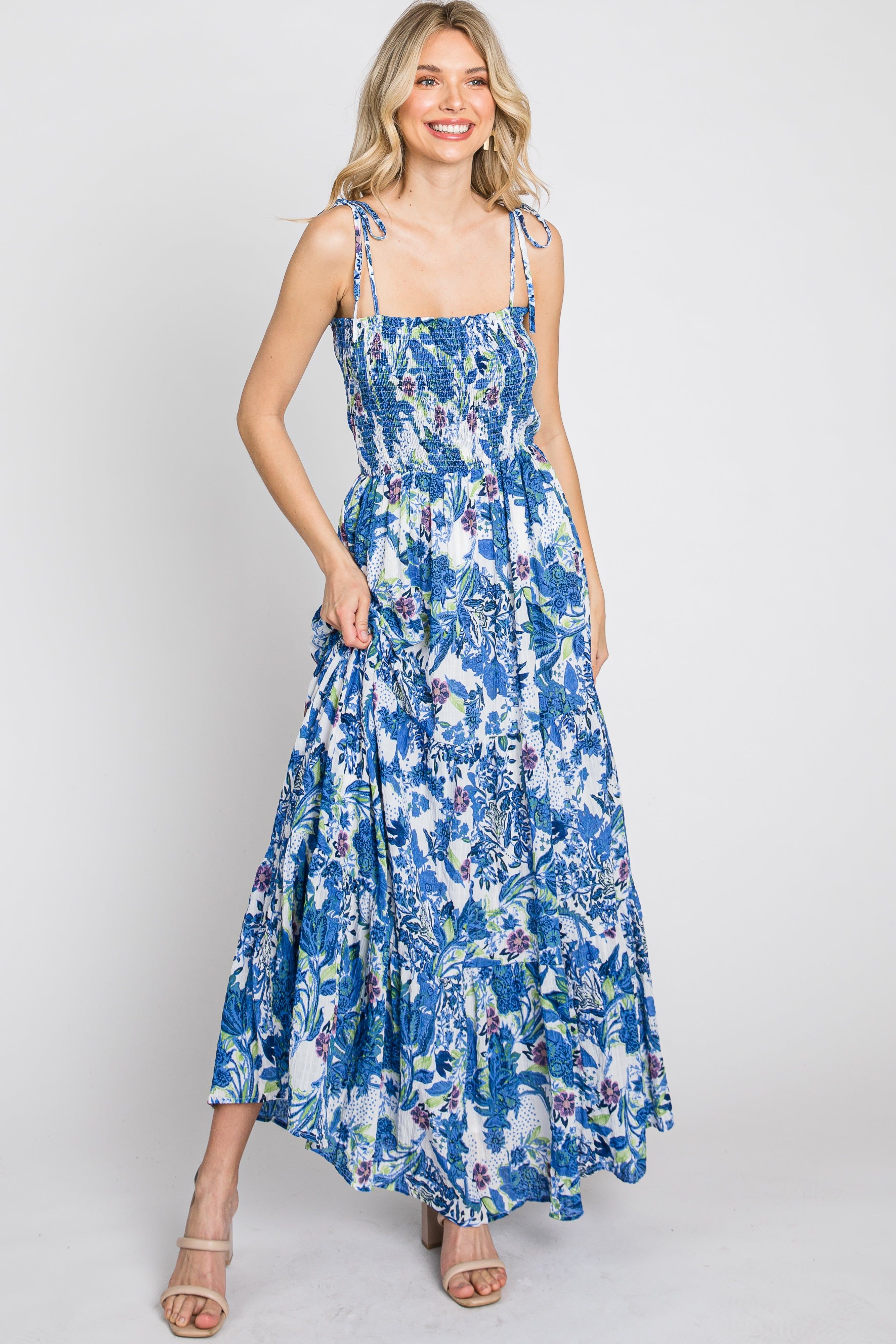 Blue Floral Smocked Square Neck Shoulder Tie Maxi Dress sold by Pinkblush product image thumbnail 9