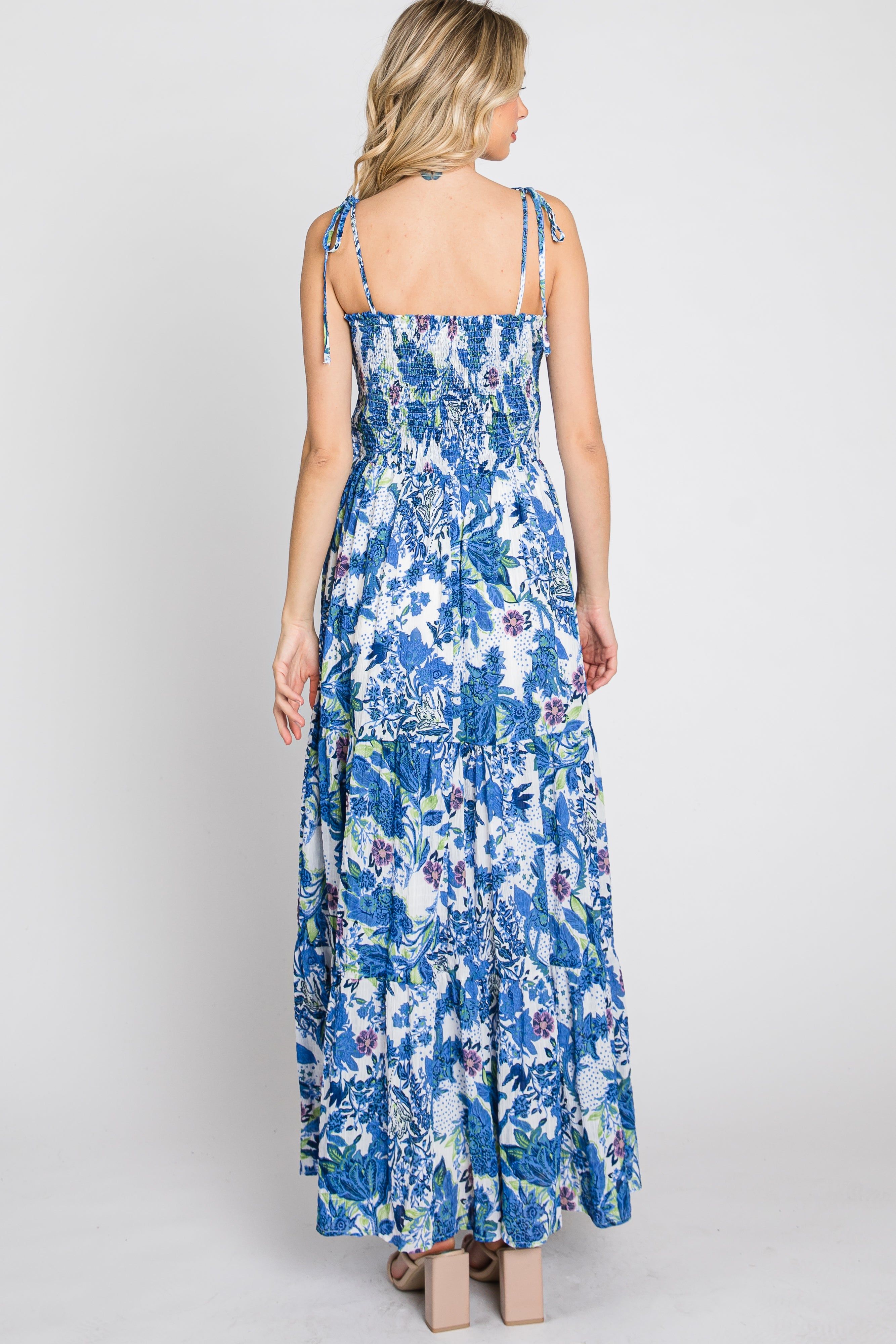 Blue Floral Smocked Square Neck Shoulder Tie Maxi Dress sold by Pinkblush product image thumbnail 6