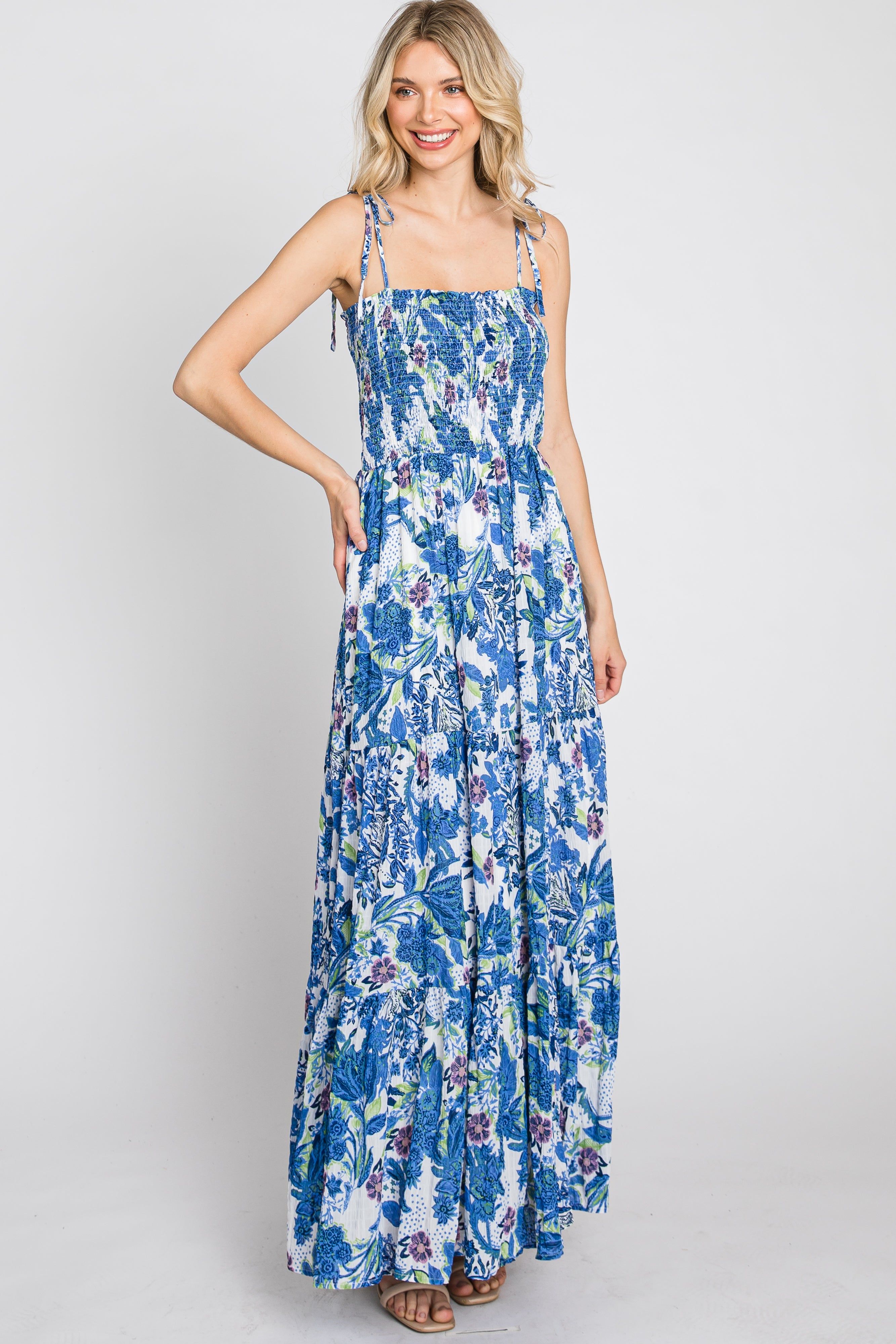 Blue Floral Smocked Square Neck Shoulder Tie Maxi Dress sold by Pinkblush product image thumbnail 3