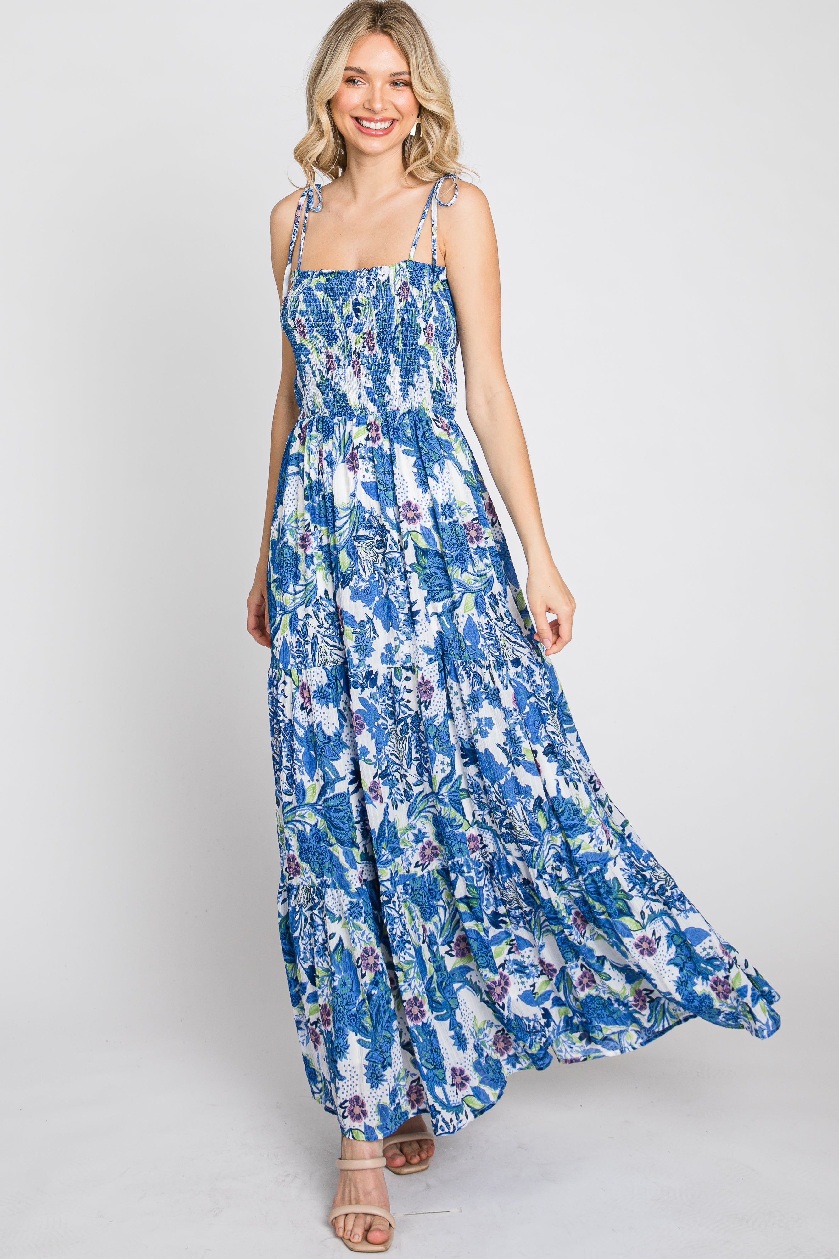 Blue Floral Smocked Square Neck Shoulder Tie Maxi Dress sold by Pinkblush product image thumbnail 10