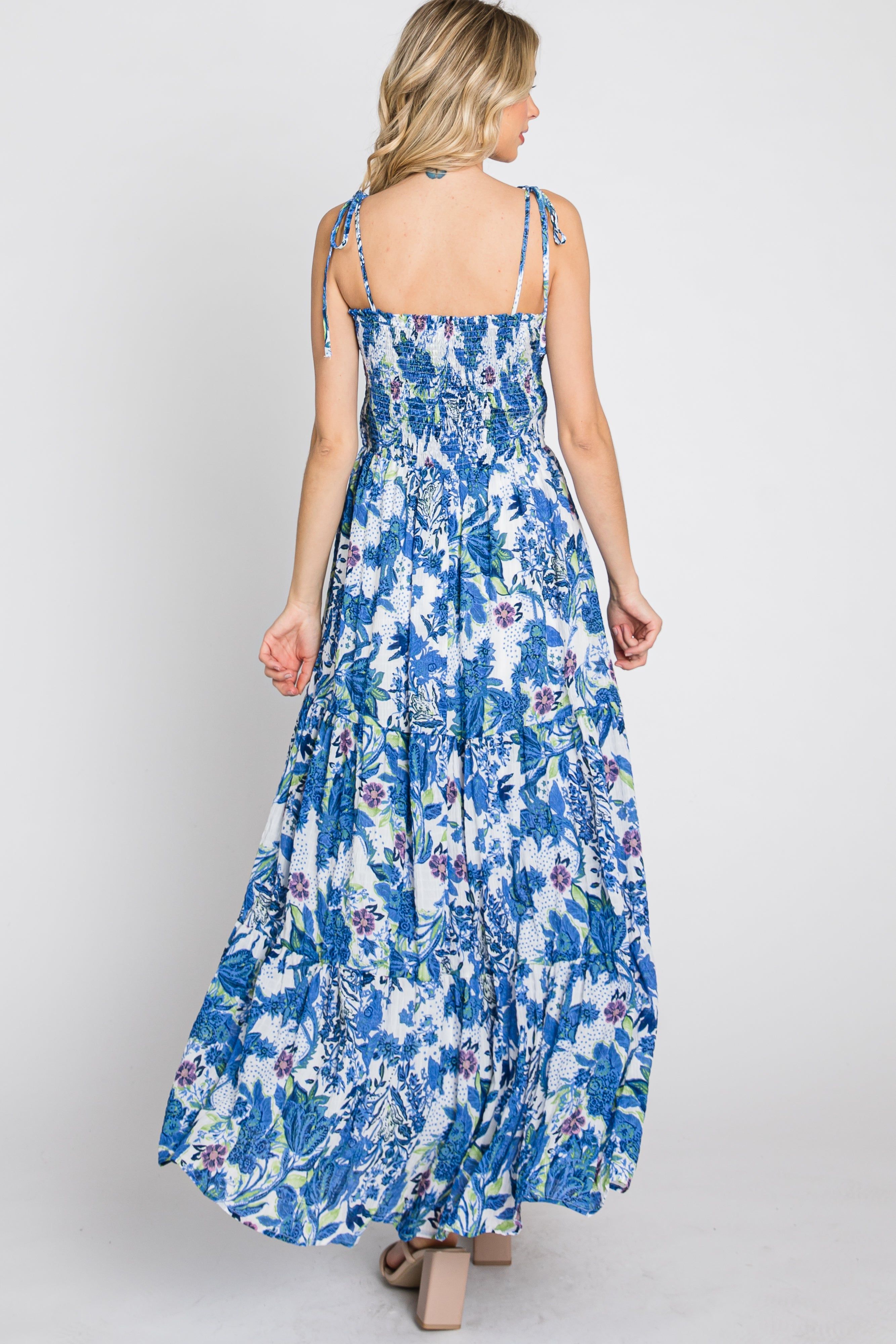 Blue Floral Smocked Square Neck Shoulder Tie Maxi Dress sold by Pinkblush product image thumbnail 7