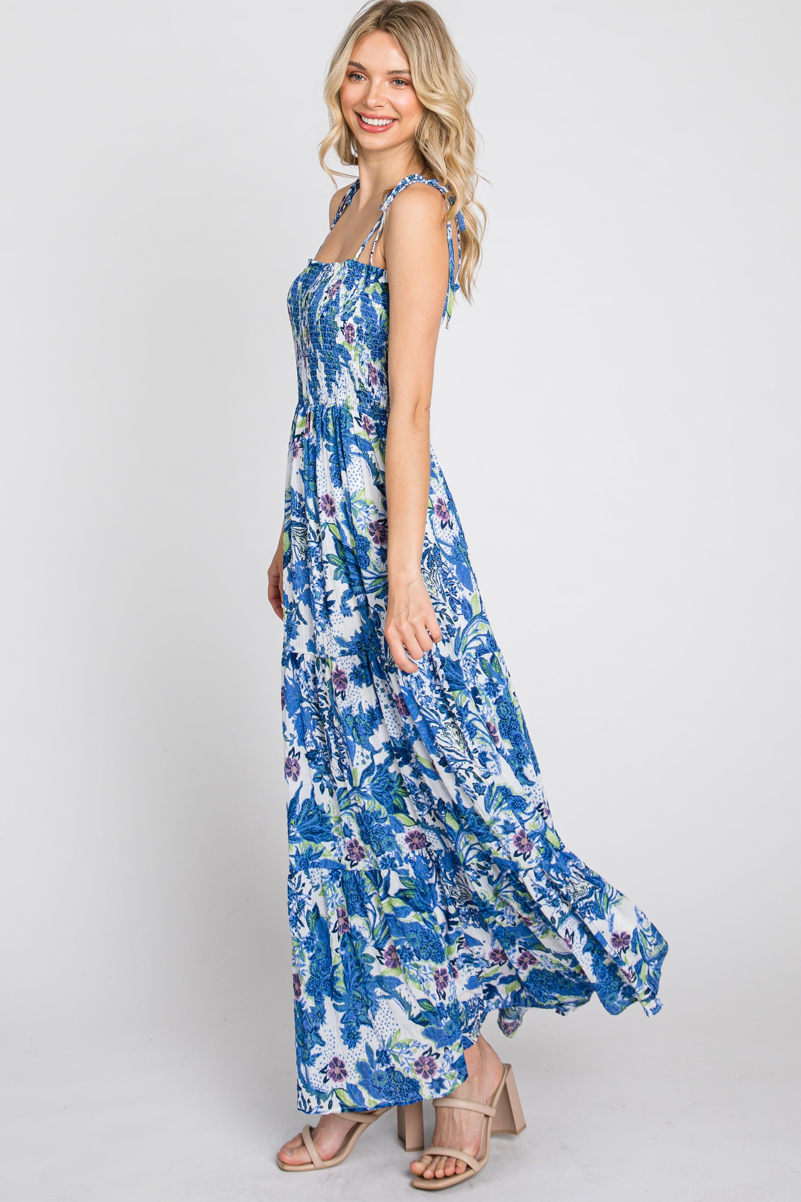 Blue Floral Smocked Square Neck Shoulder Tie Maxi Dress sold by Pinkblush product image thumbnail 4