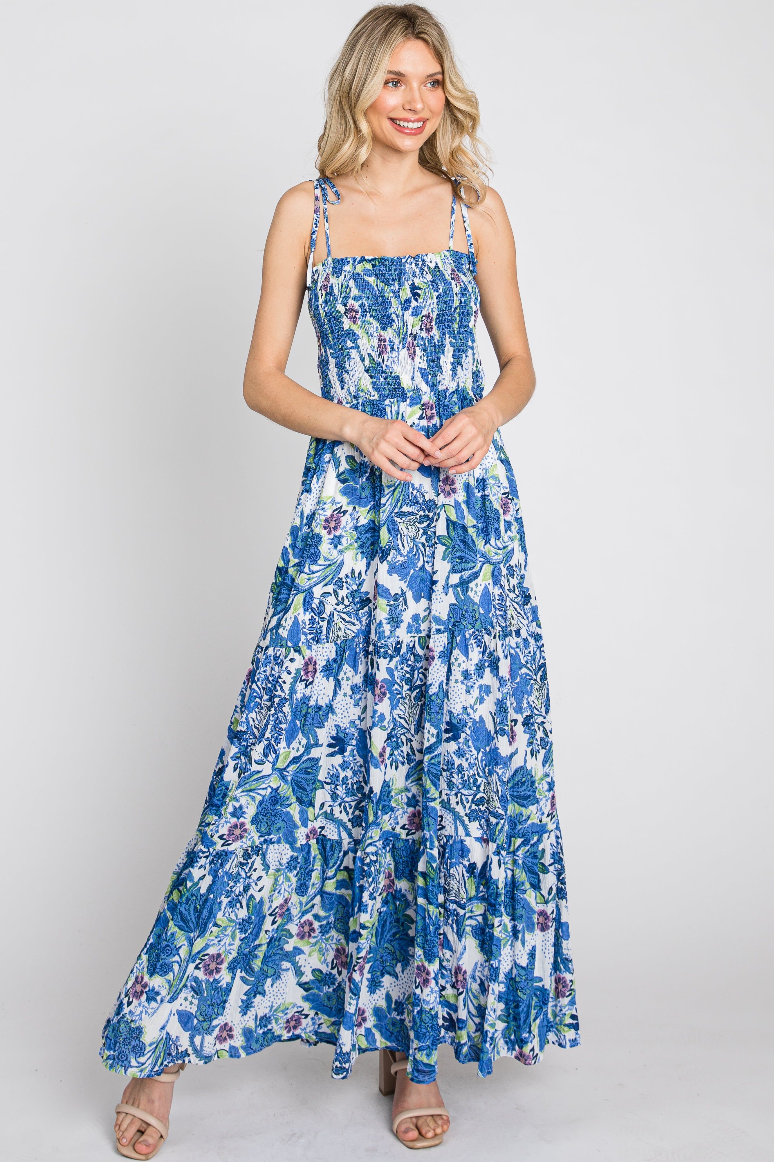 Blue Floral Smocked Square Neck Shoulder Tie Maxi Dress sold by Pinkblush