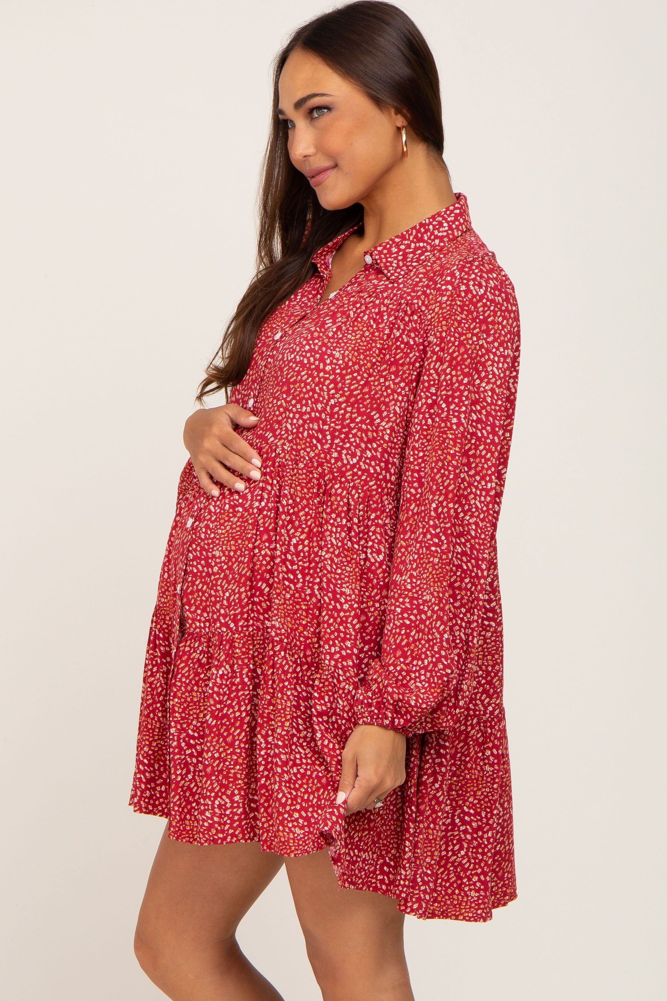 Rust Printed Button Down Tiered Maternity Mini Dress sold by Pinkblush product image thumbnail 2