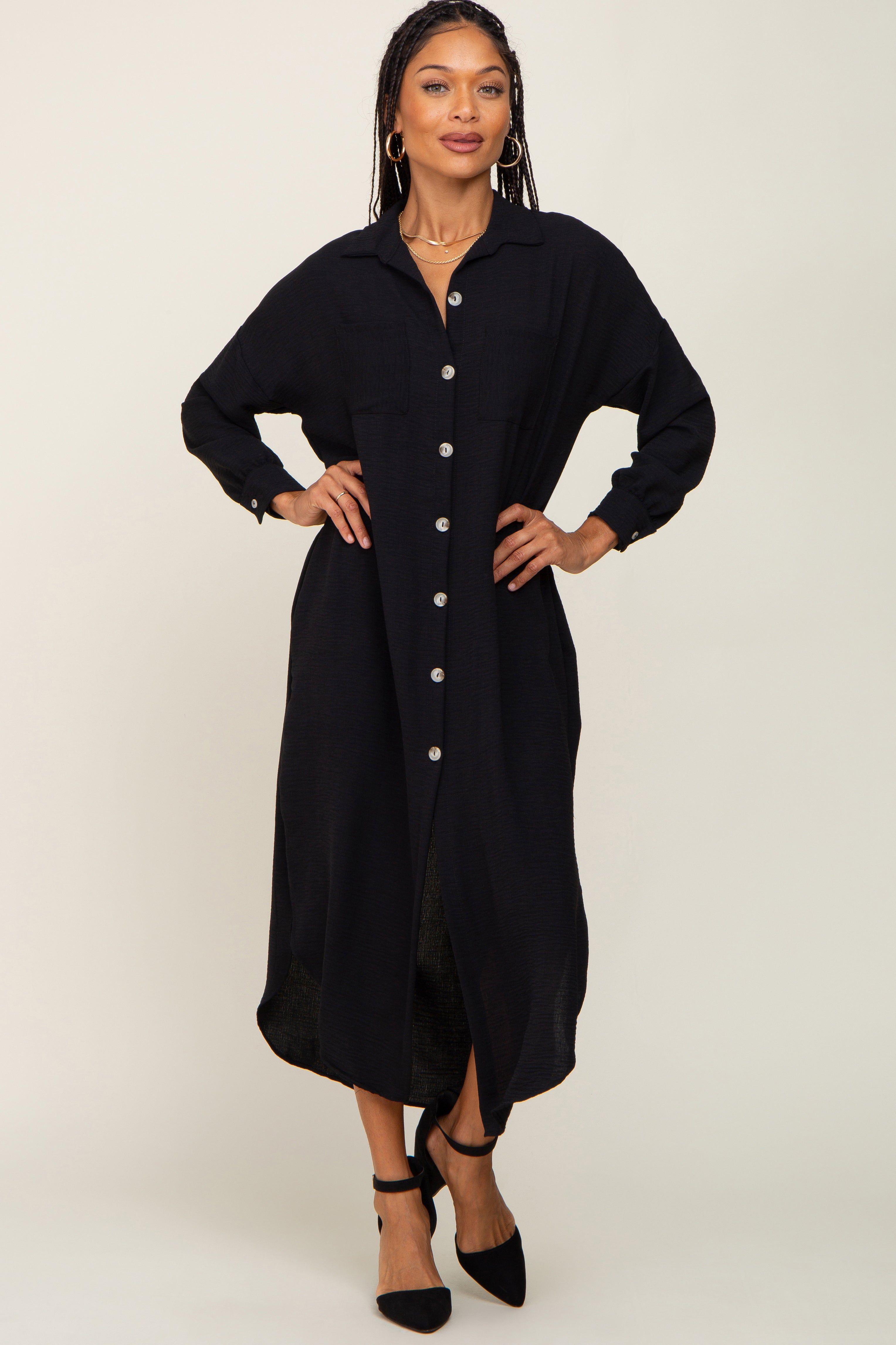 Black Button Down Front Pocket Midi Dress sold by Pinkblush product image thumbnail 4