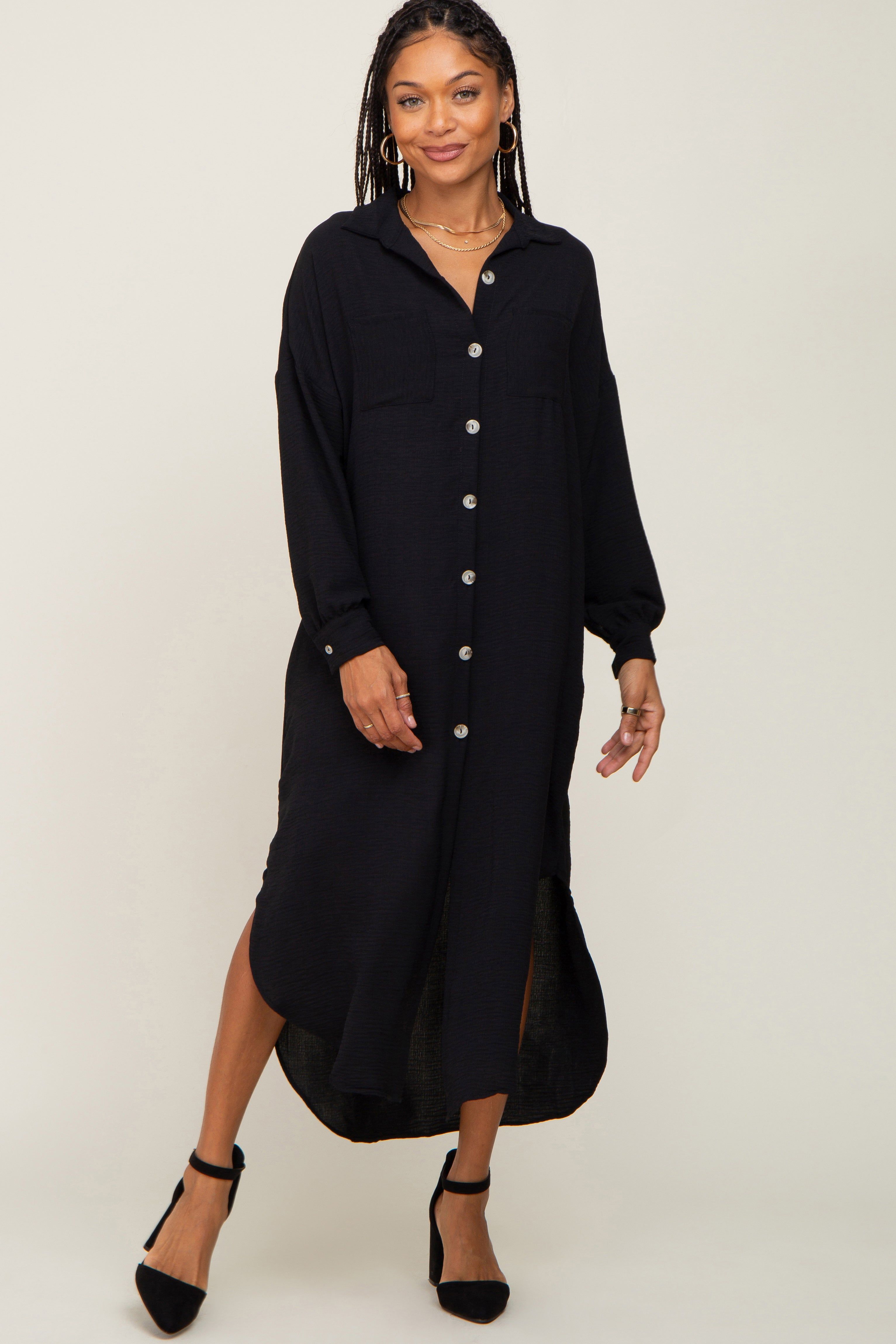 Black Button Down Front Pocket Midi Dress sold by Pinkblush