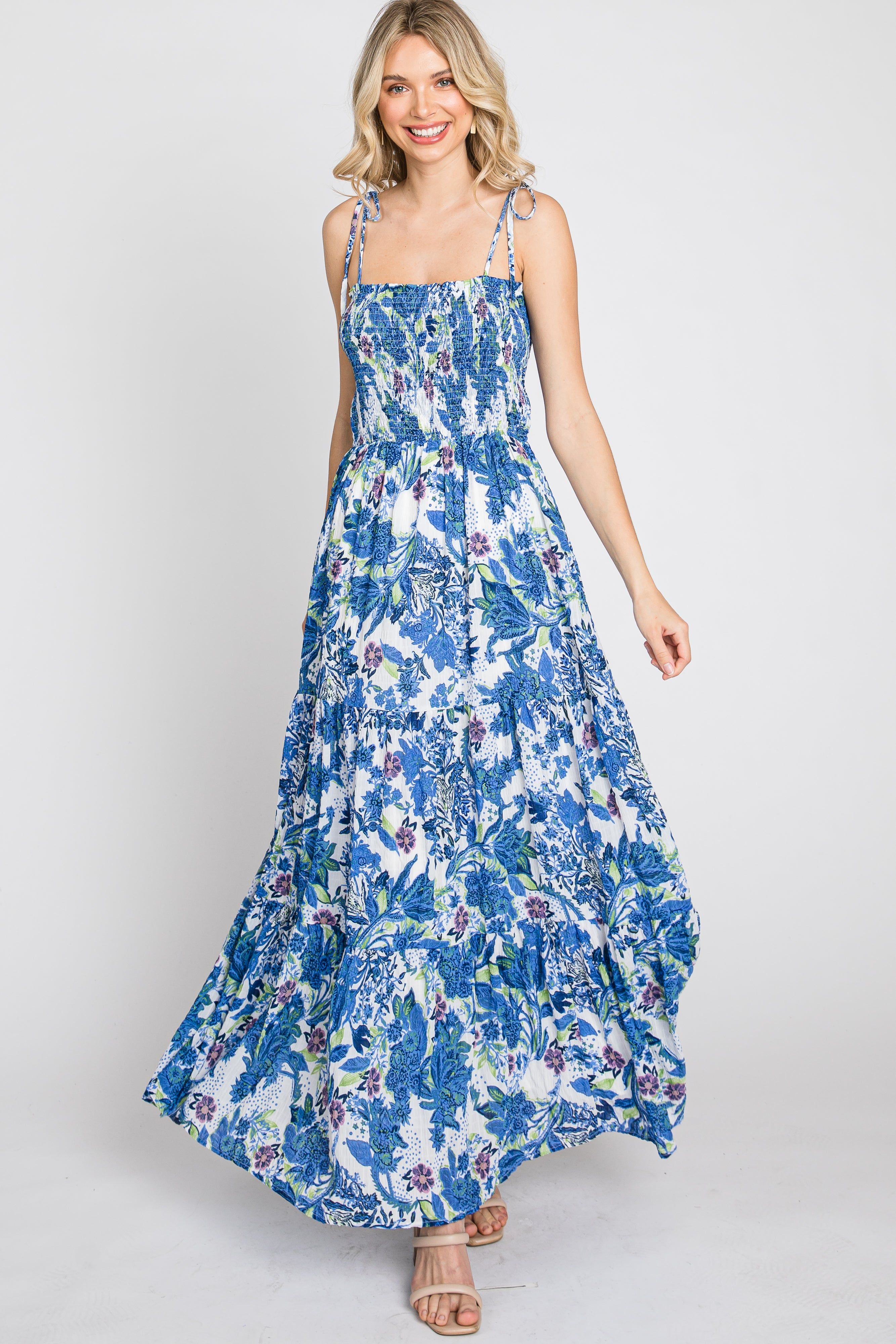Blue Floral Smocked Square Neck Shoulder Tie Maxi Dress sold by Pinkblush product image thumbnail 11