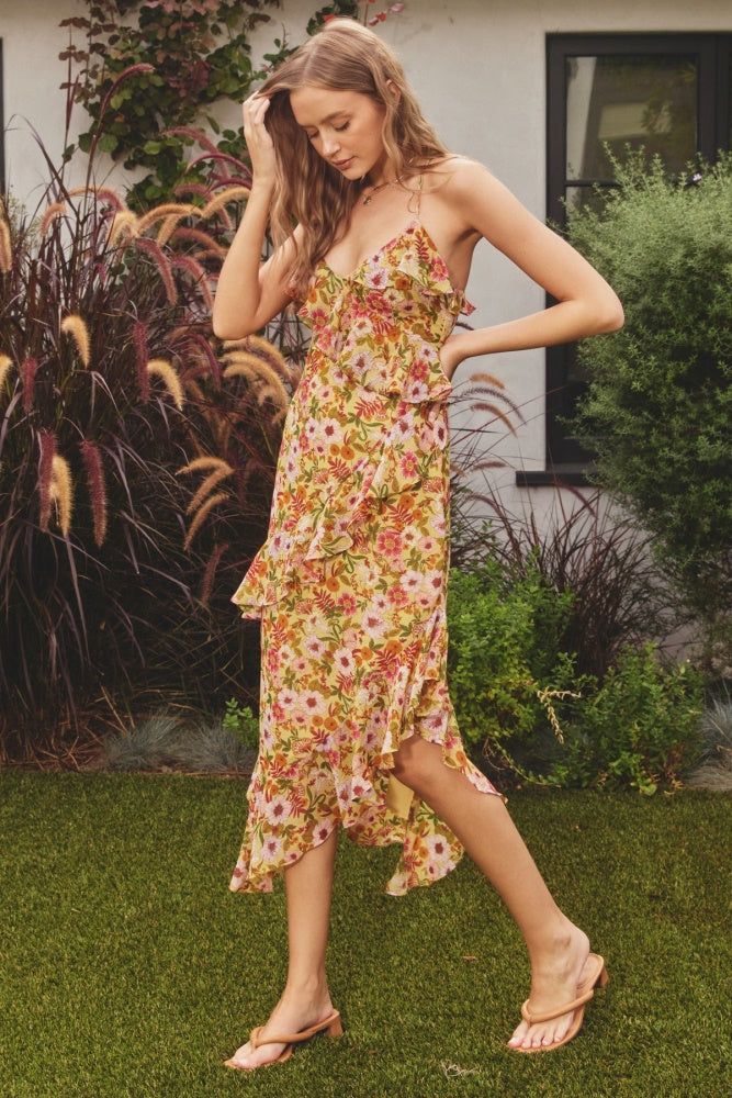 Yellow Garden Diagonal Ruffled Midi Dress sold by Pinkblush