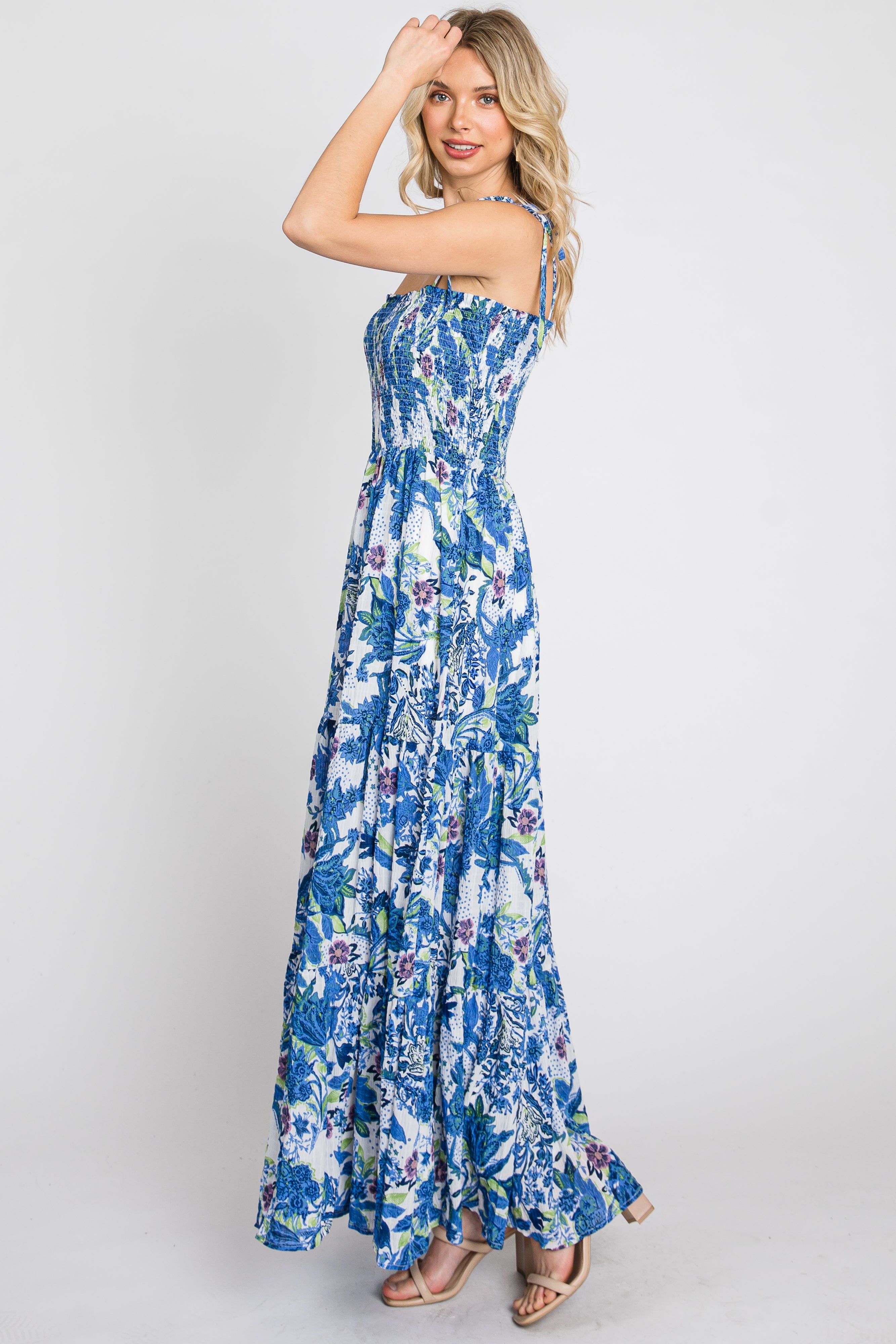 Blue Floral Smocked Square Neck Shoulder Tie Maxi Dress sold by Pinkblush product image thumbnail 5
