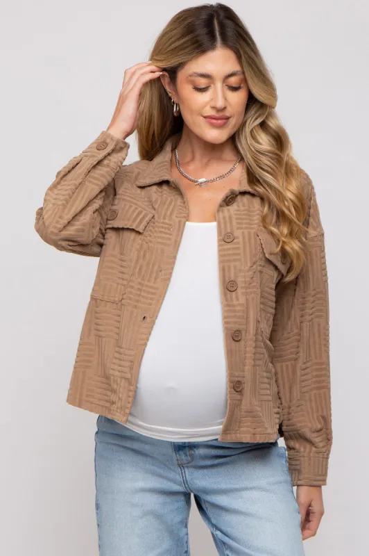 Mocha Velvet Textured Maternity Shirt Jacket sold by Pinkblush