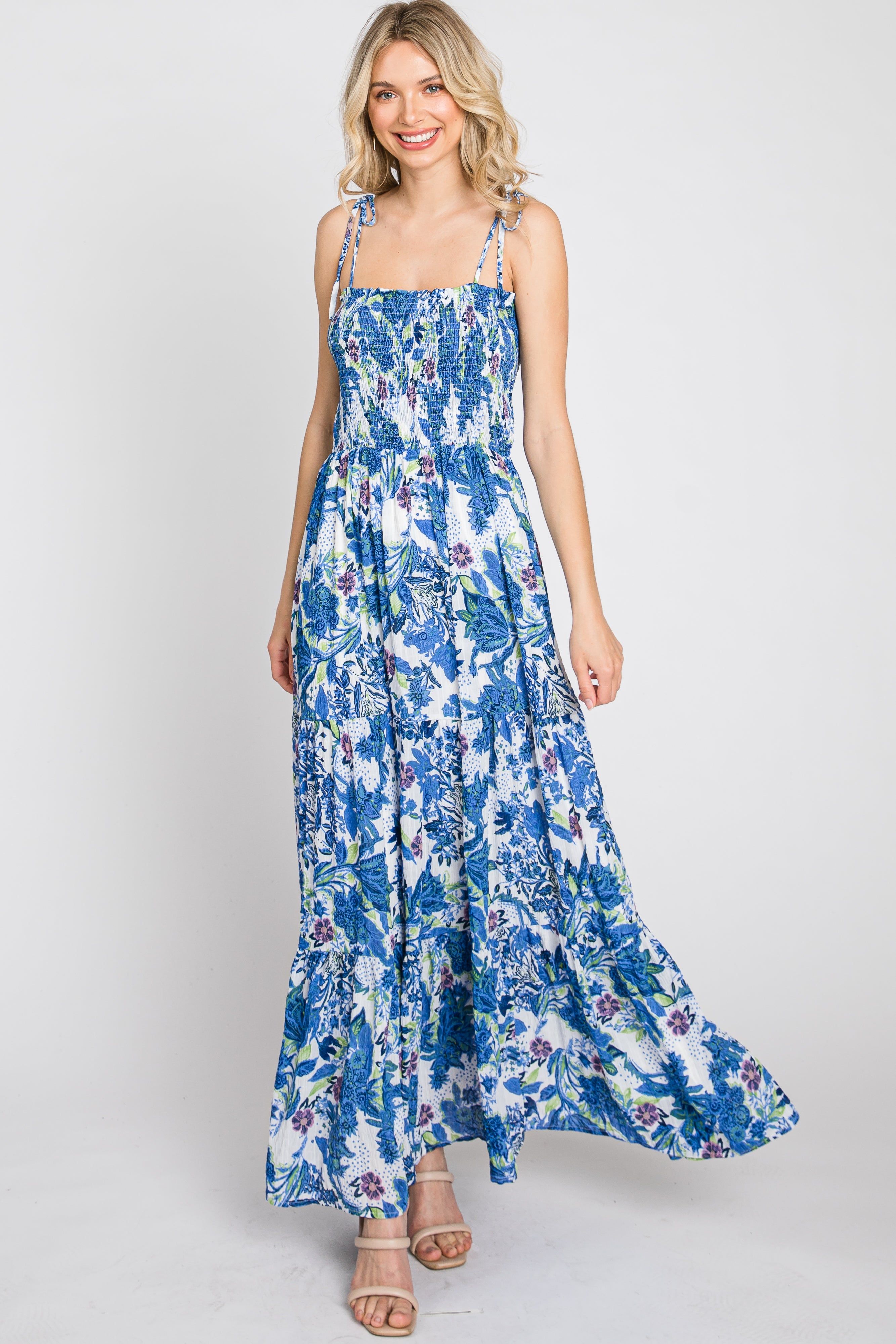 Blue Floral Smocked Square Neck Shoulder Tie Maxi Dress sold by Pinkblush product image thumbnail 2