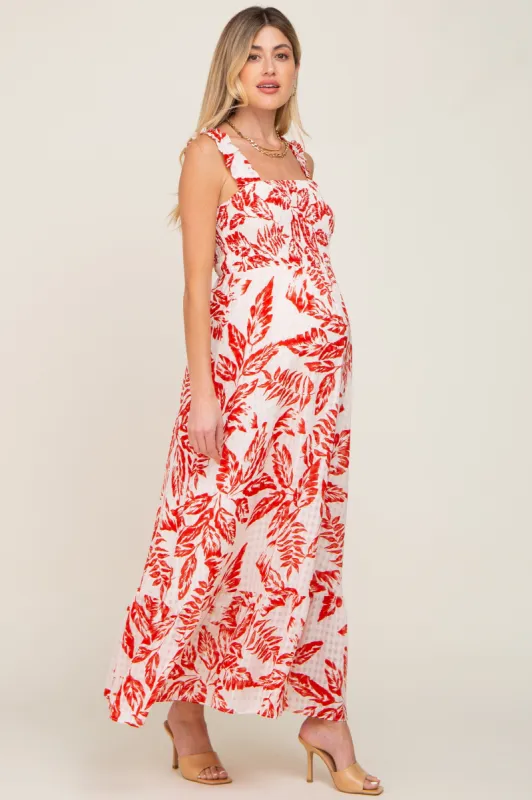 Red Leaf Printed Smocked Ruffle Maternity Maxi Dress made by Pinkblush