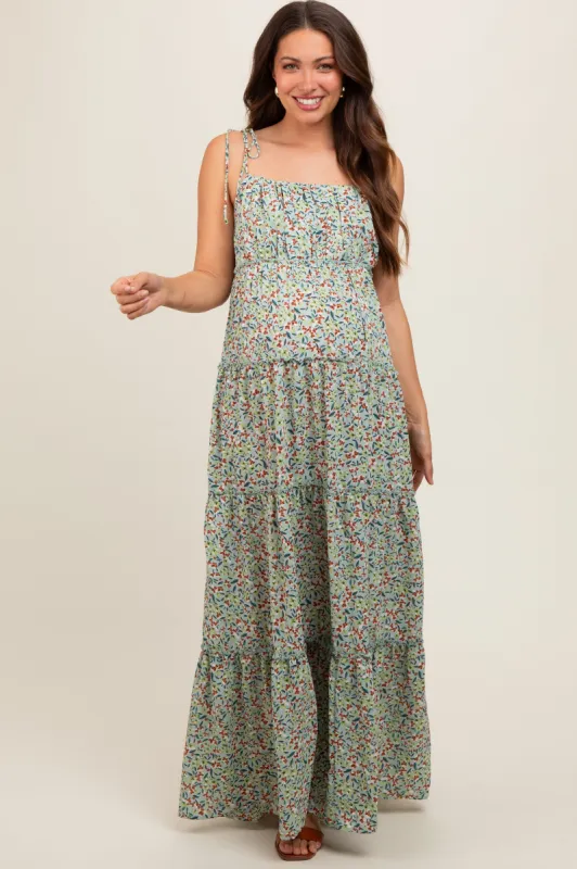 Light Olive Floral Ruched Square Neck Shoulder Tie Tiered Maternity Maxi Dress sold by Pinkblush