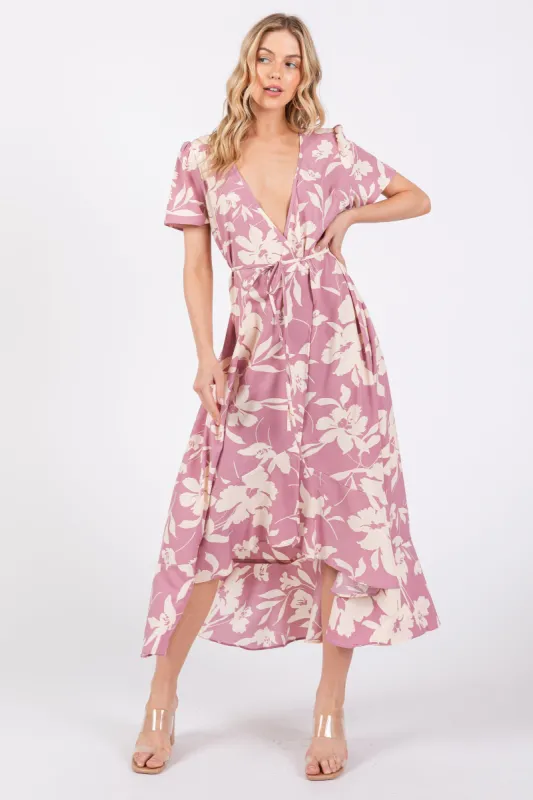Pink Floral V Neck High Low Dress sold by Pinkblush