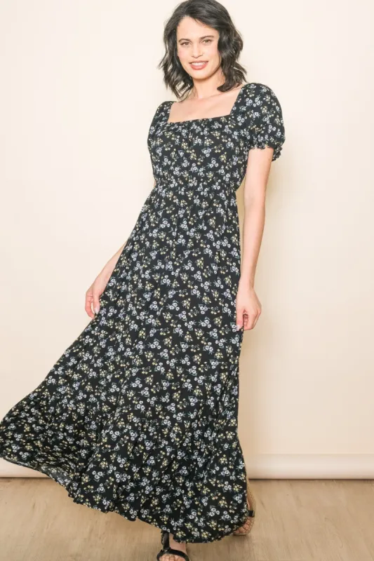 Black Floral Short Sleeve Maxi Dress sold by Pinkblush