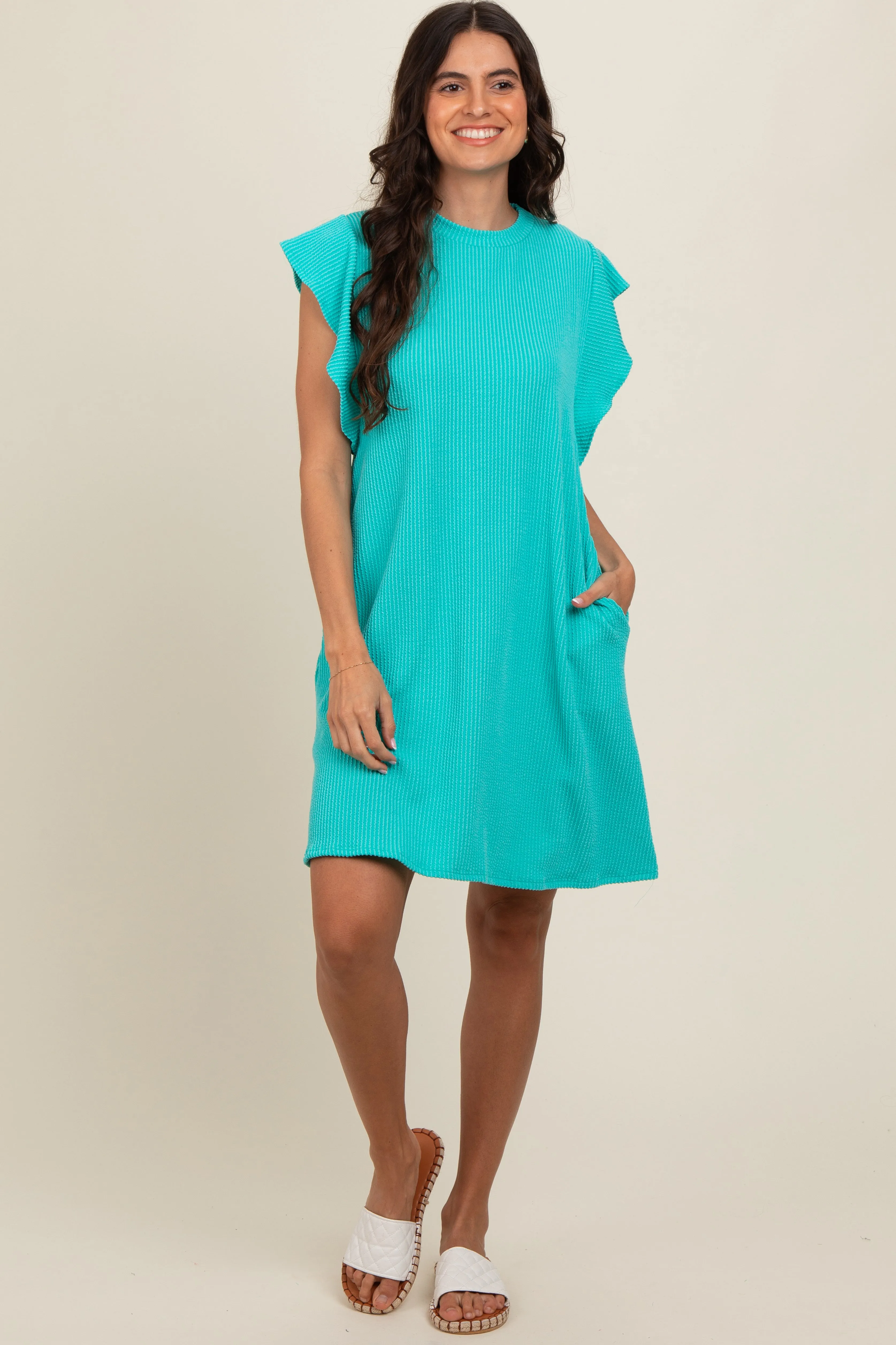 Turquoise Ribbed Ruffle Sleeve Maternity Dress sold by Pinkblush product image thumbnail 3