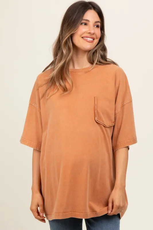 Camel Faded Wash Maternity Short Sleeve Top sold by Pinkblush