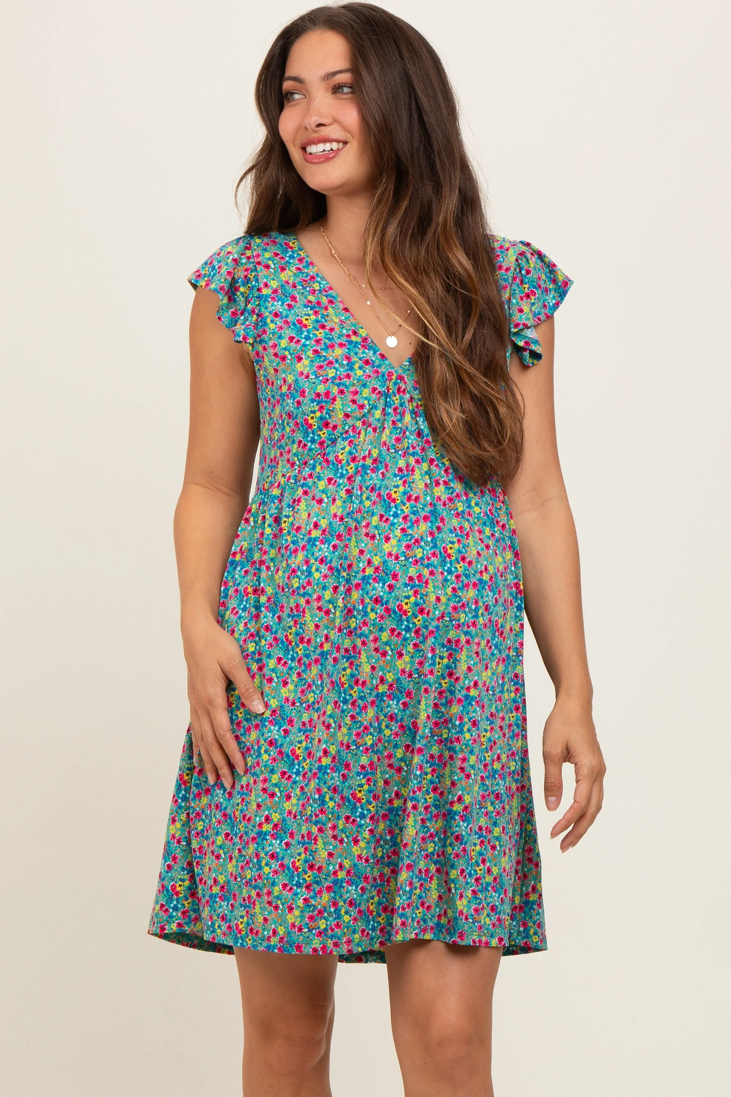 Teal Floral V-Neck Maternity Dress sold by Pinkblush product image thumbnail 2