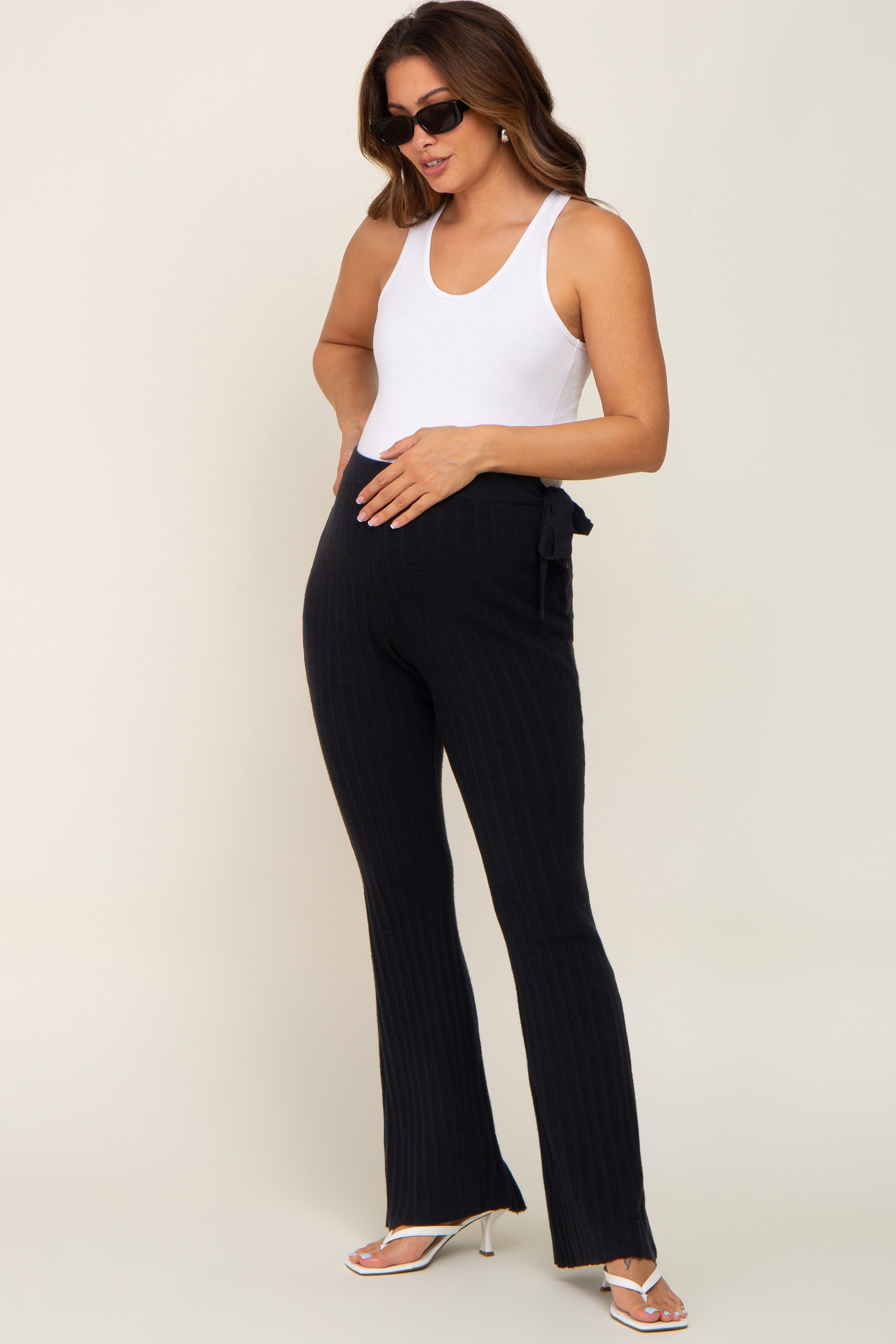 Black Side Tie Flare Knit Maternity Pants sold by Pinkblush product image thumbnail 5