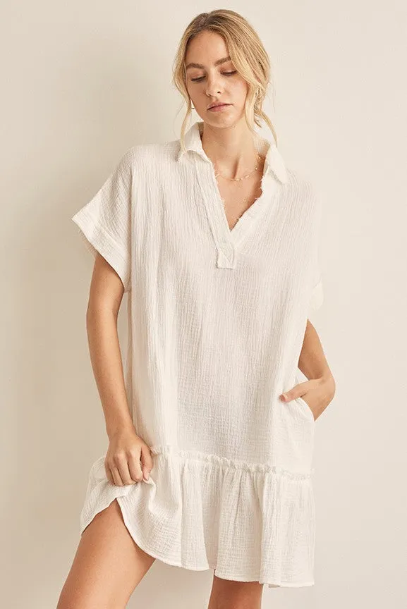 Off White Crinkled Cotton Guaze Relaxed Fit Ruffled Dress sold by Pinkblush