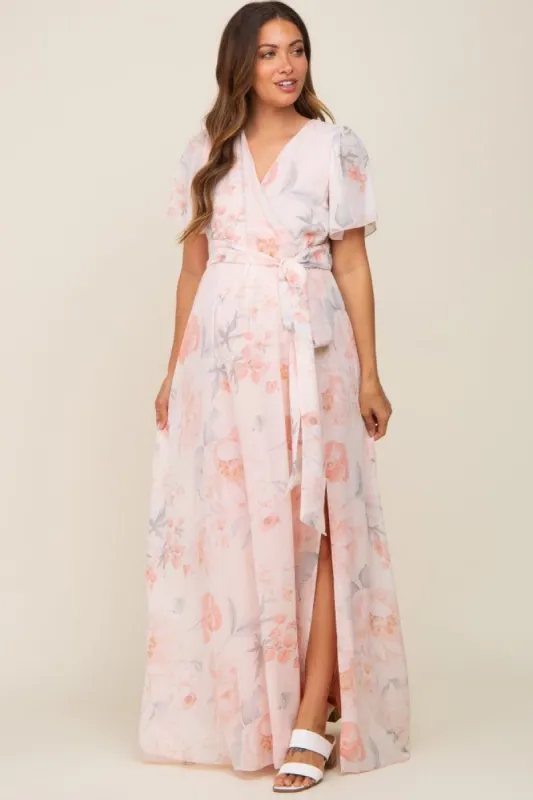 Peach Floral Chiffon V-Neck Front Slit Short Sleeve Maternity Dress sold by Pinkblush