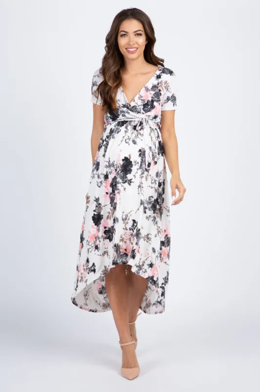PinkBlush White Floral Hi-Low Maternity/Nursing Wrap Dress sold by Pinkblush