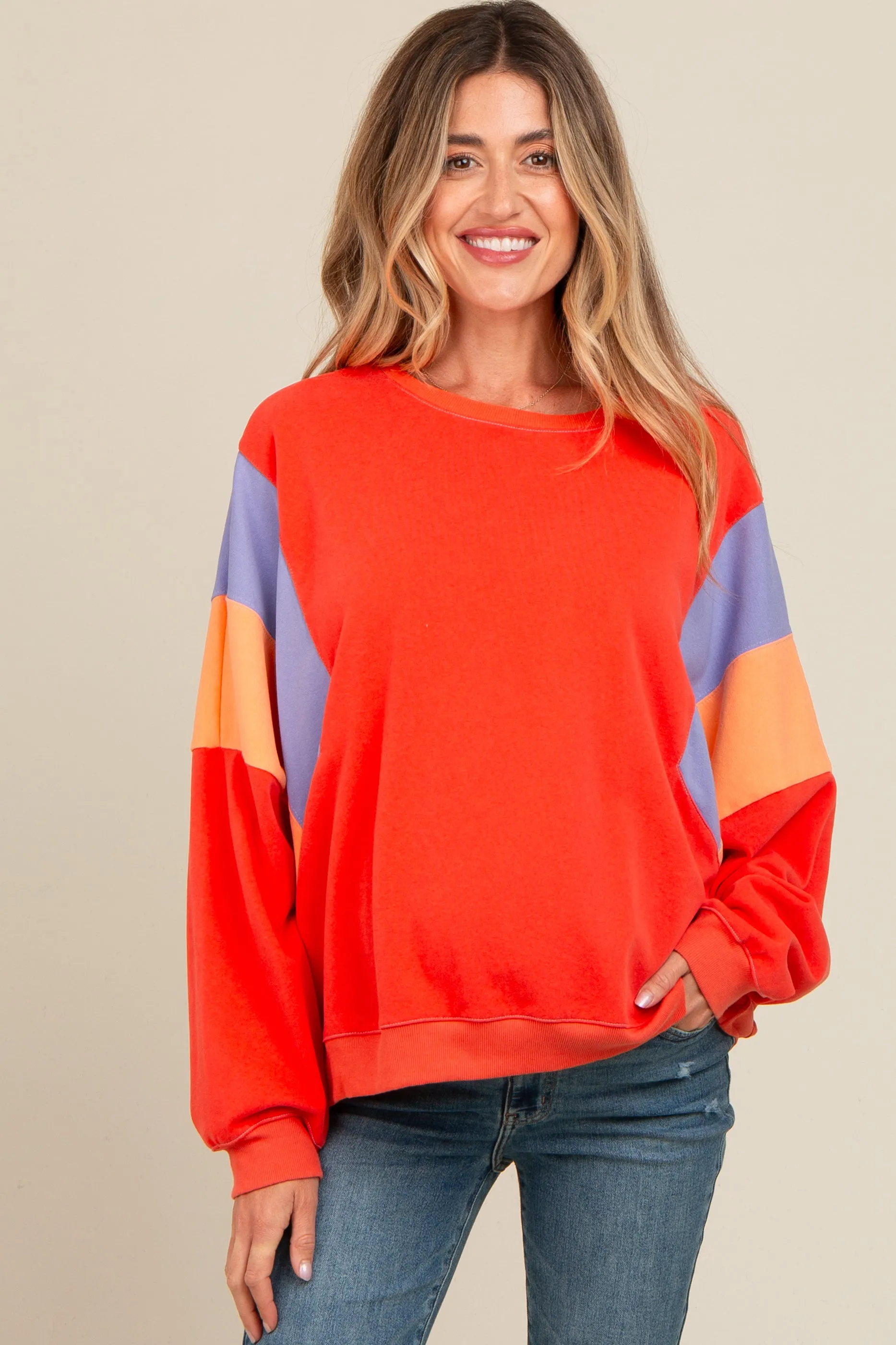 Coral Colorblock Dolman Sleeve Maternity Sweatshirt sold by Pinkblush