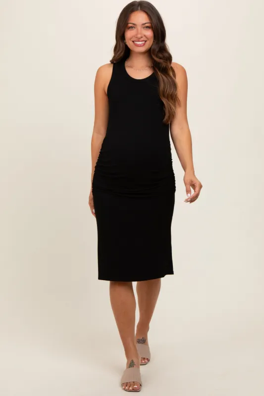 Black Sleeveless Ribbed Ruched Maternity Dress sold by Pinkblush