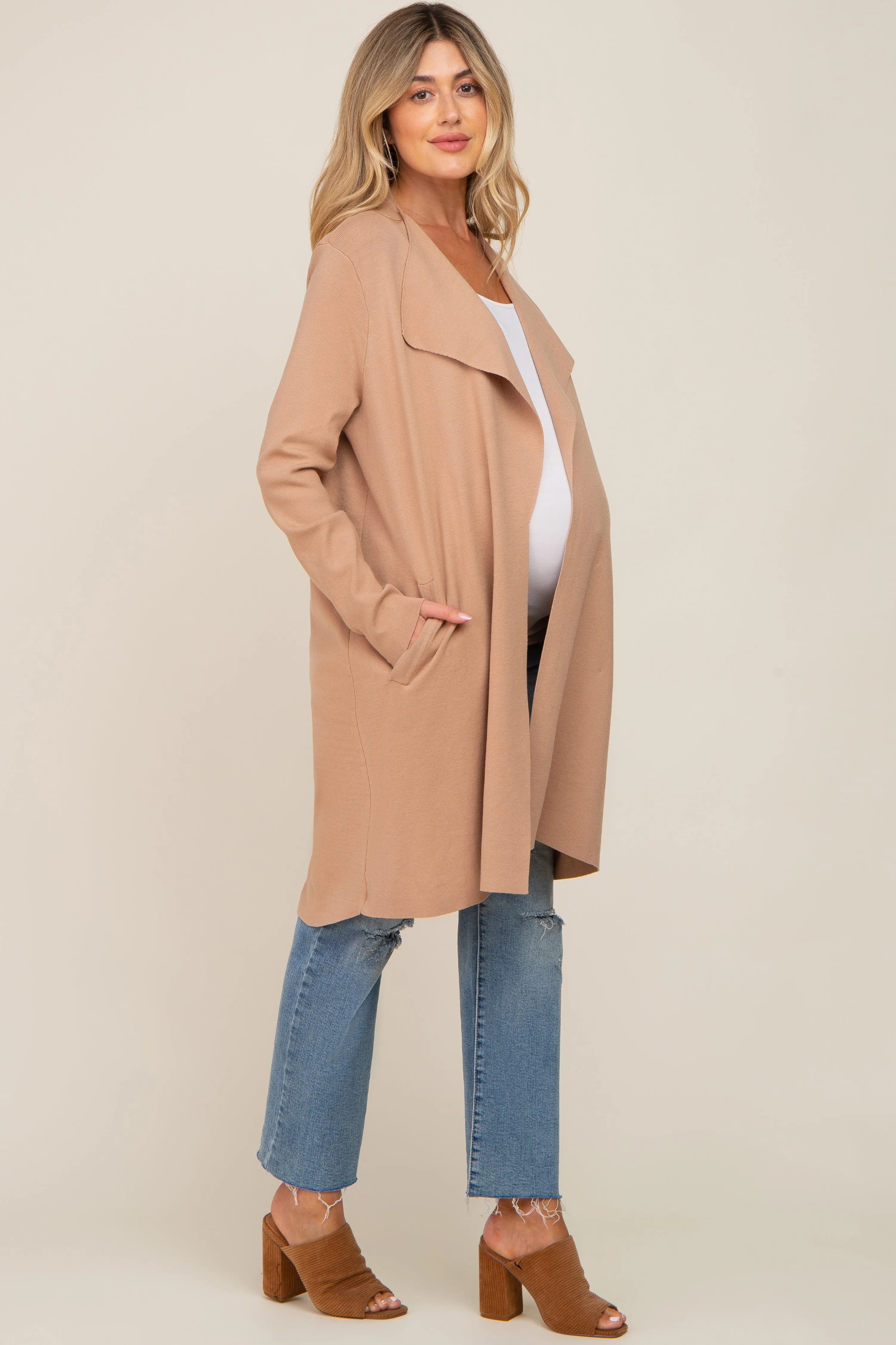 Taupe Draped Maternity Cardigan sold by Pinkblush