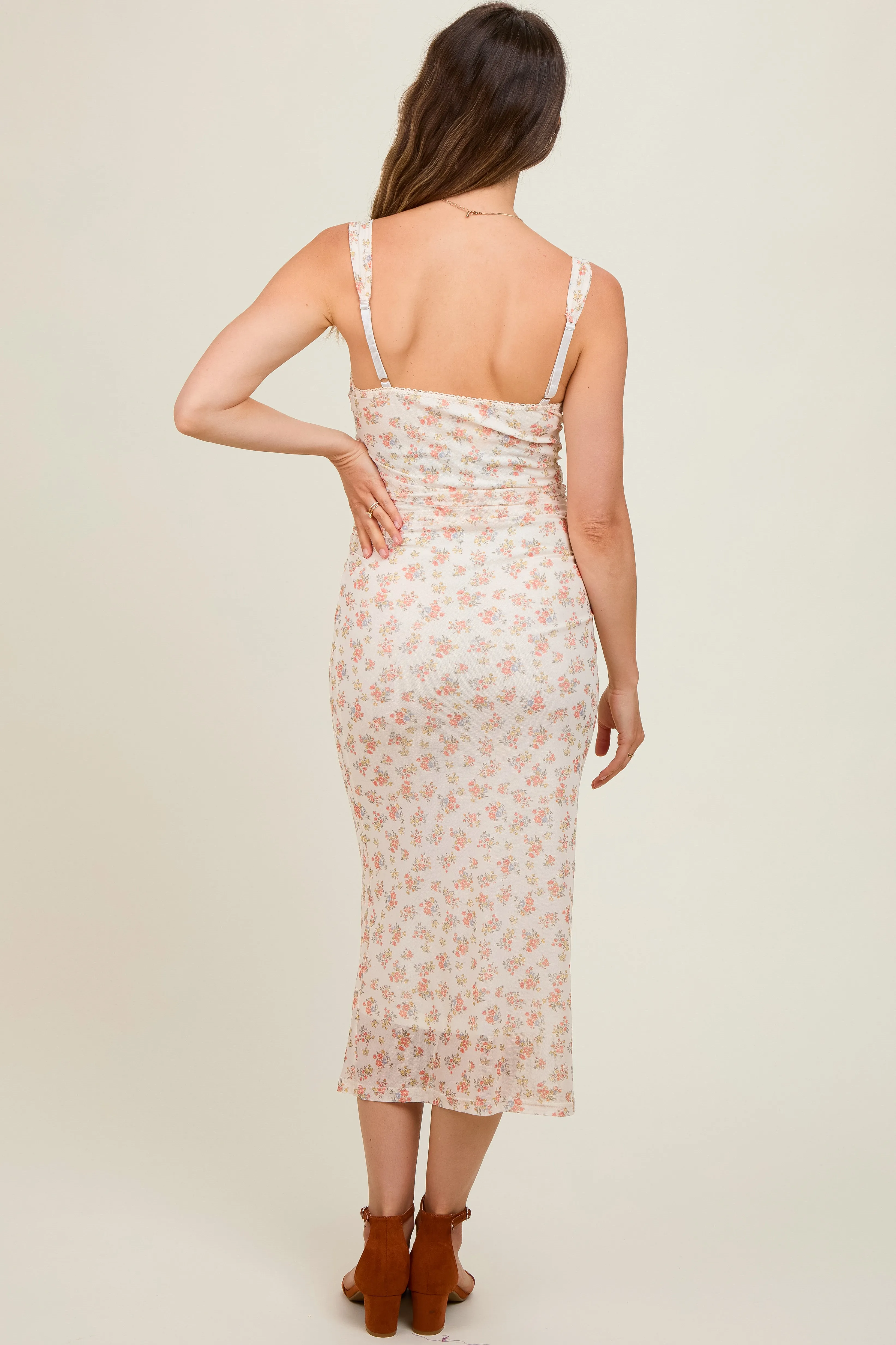 Orange Floral V-Neck Sleeveless Maternity Midi Dress sold by Pinkblush product image thumbnail 5
