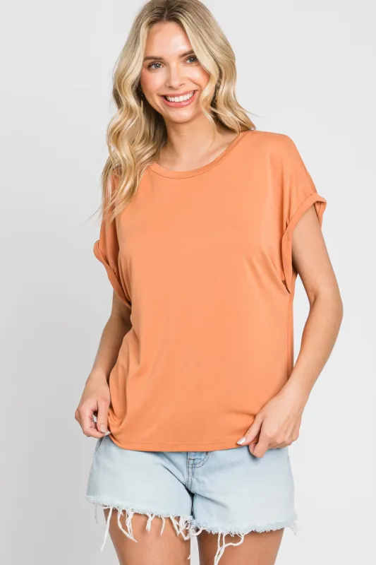 Rust Crew Neck Cuffed Short Sleeve Top sold by Pinkblush
