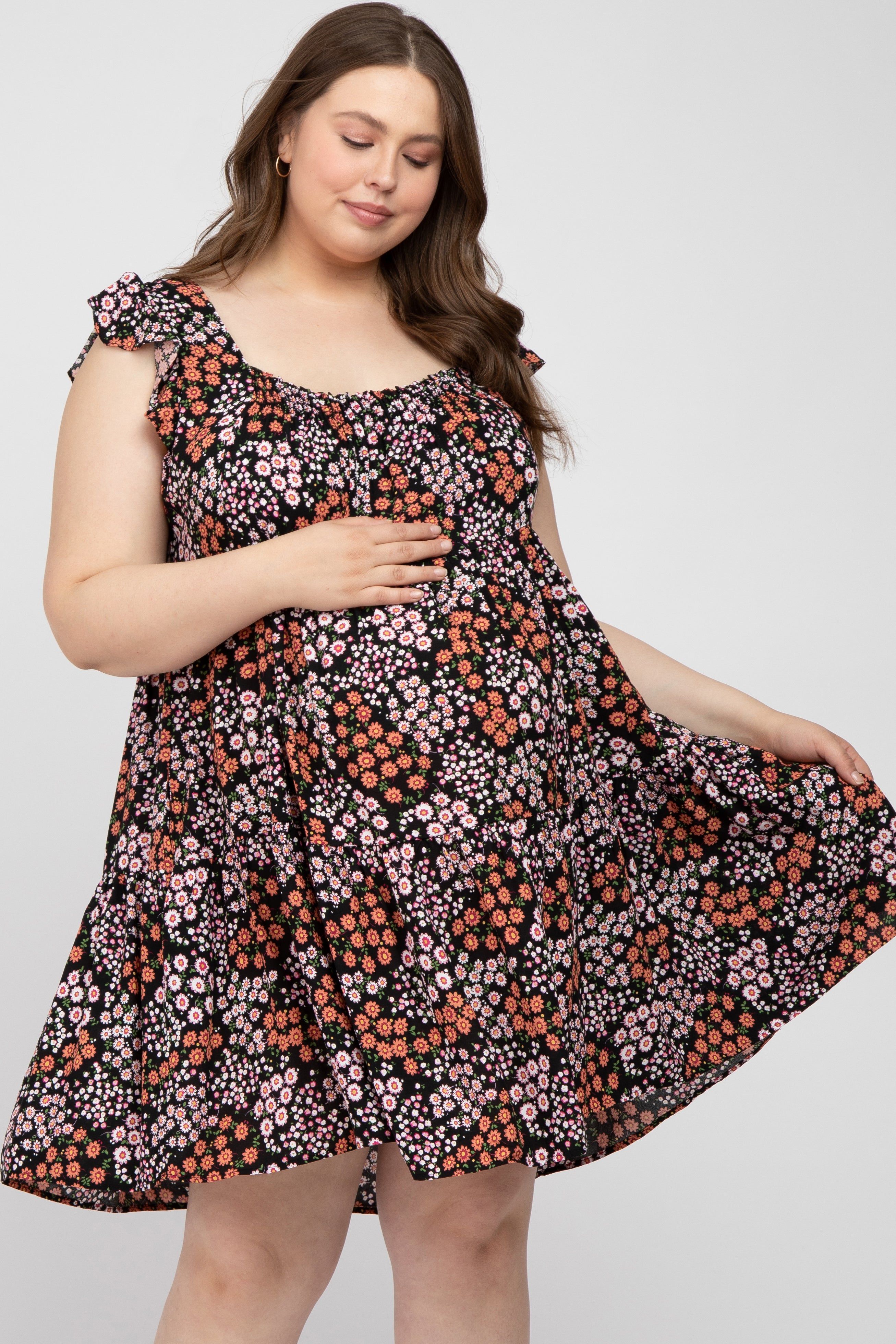 Black Ditsy Floral Flutter Sleeve Maternity Plus Dress sold by Pinkblush product image thumbnail 2