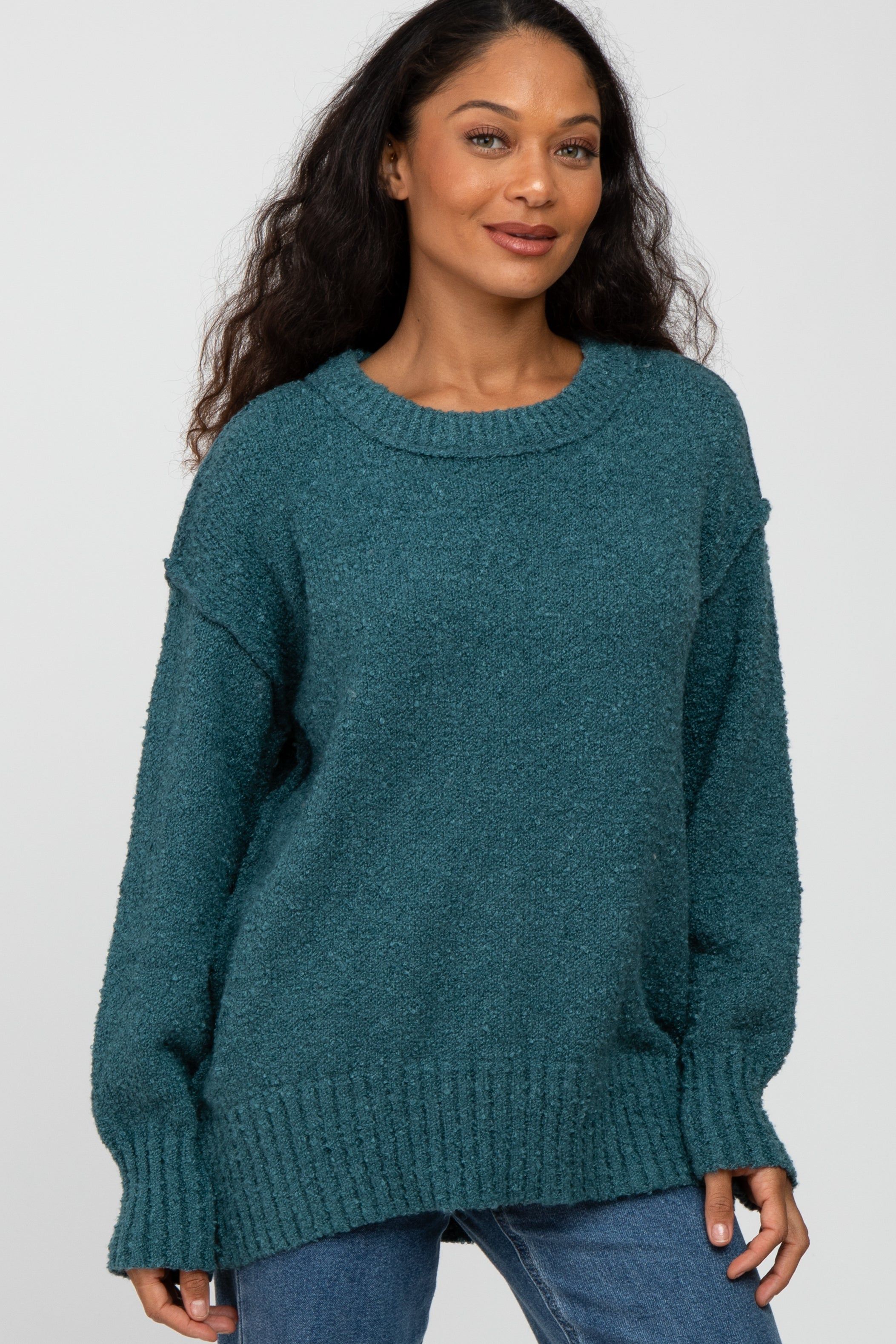 Teal Textured Knit Exposed Seam Sweater sold by Pinkblush