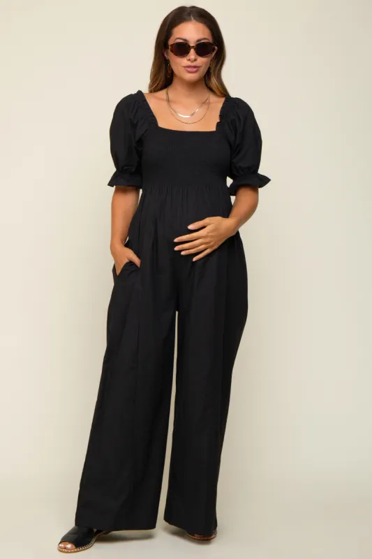 Black Smocked Square Neck Wide Leg Maternity Jumpsuit sold by Pinkblush