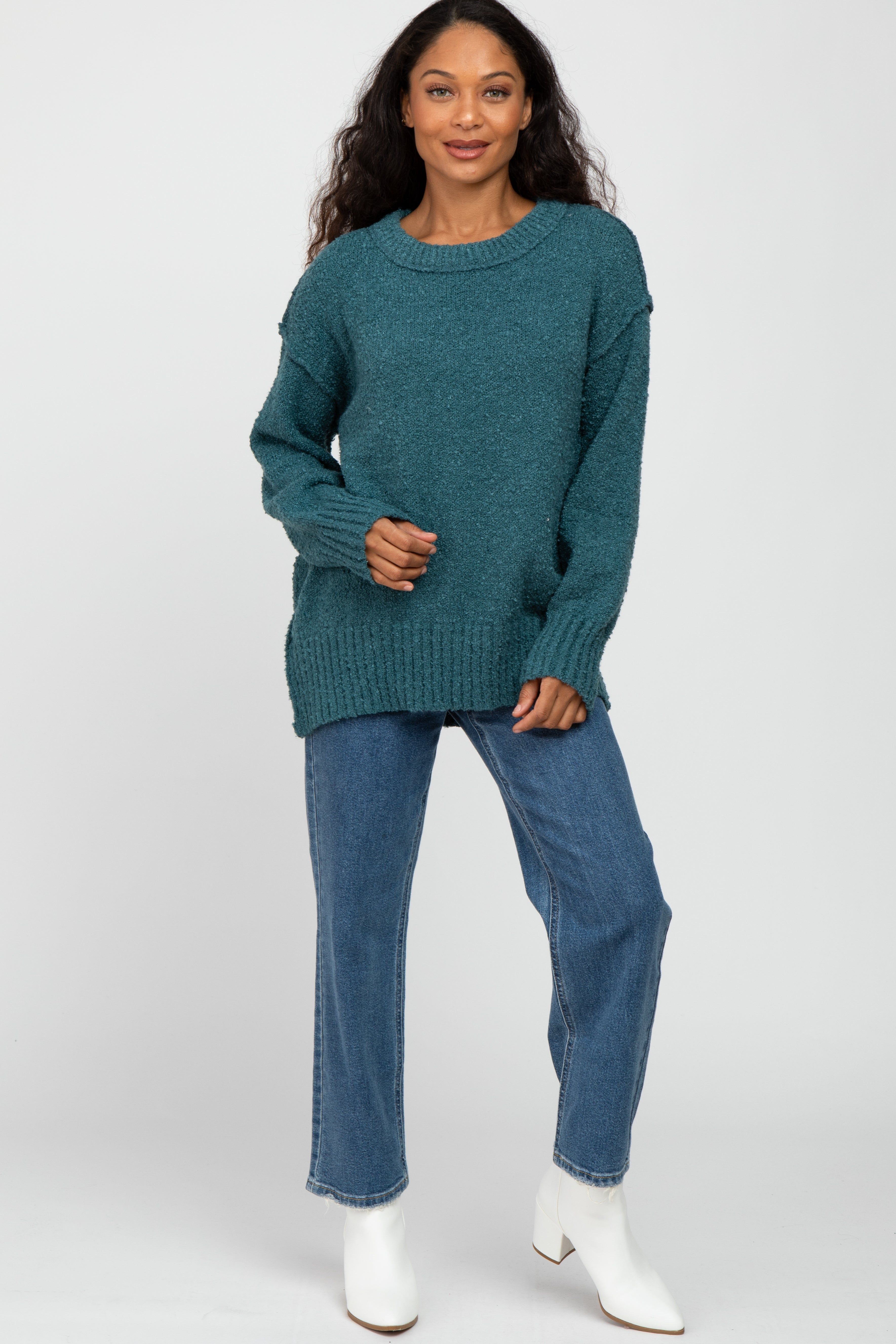 Teal Textured Knit Exposed Seam Sweater sold by Pinkblush product image thumbnail 2
