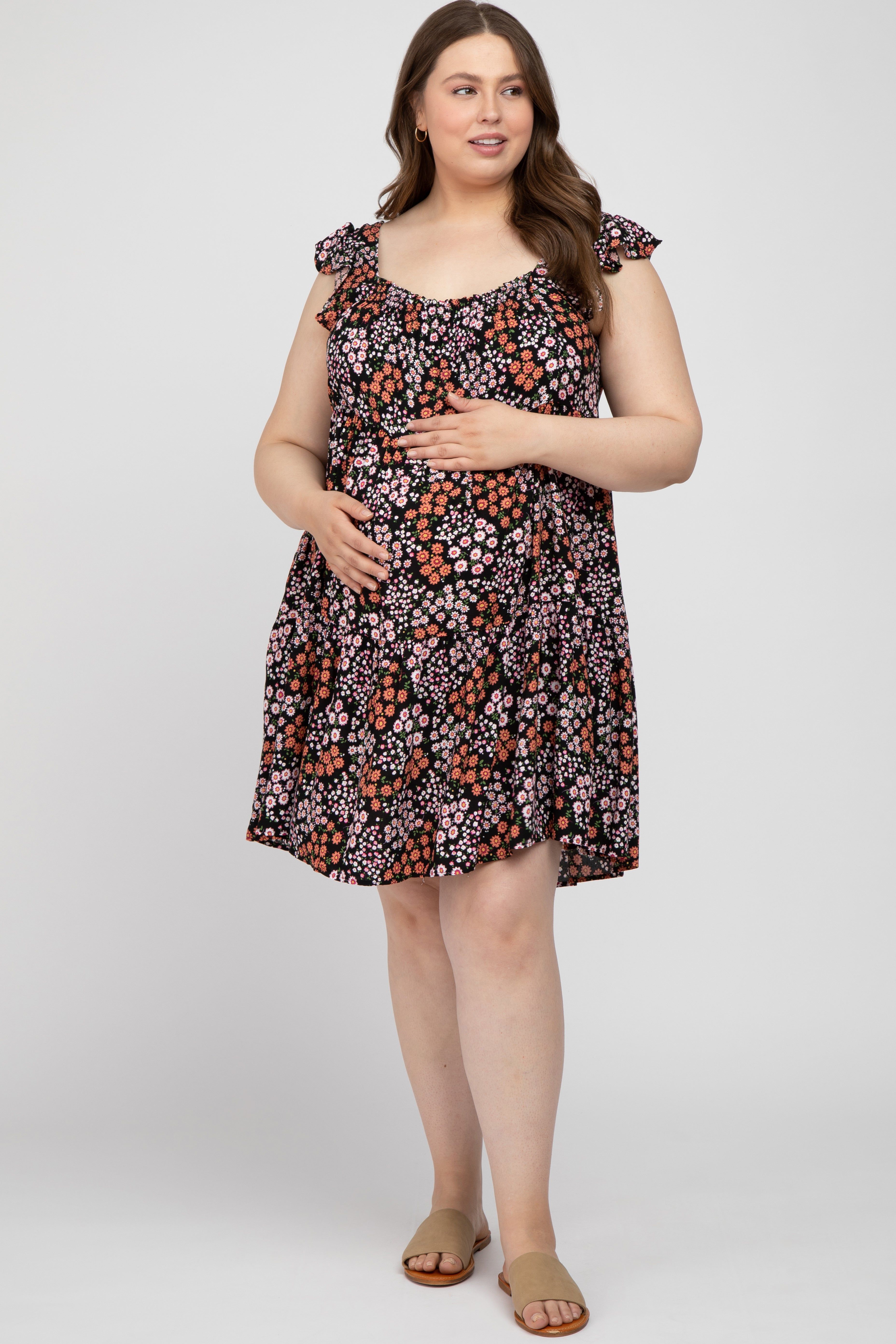 Black Ditsy Floral Flutter Sleeve Maternity Plus Dress sold by Pinkblush