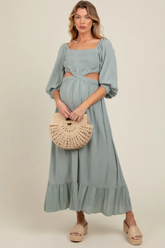 Light Olive Cutout Maternity Maxi Dress sold by Pinkblush
